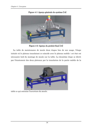 Chapitre 6 : Conception
34
Figure 4-1: Aperçu générale du système [14]
Figure 4-2: Aperçu du produit final [15]
La table de maintenance de moule deux étapes lors de son usage, l’étape
initiale où le plateau translatant ce coïncide avec le plateau mobile ; cet état est
nécessaire lord du montage de moule sur la table. La deuxième étape se décrit
par l’écartement des deux plateaux par la translation de la partie mobile de la
table ce qui entraine l’ouverture du moule.
 