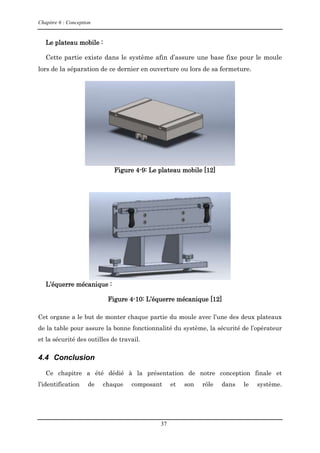 Chapitre 6 : Conception
37
Le plateau mobile :
Cette partie existe dans le système afin d’assure une base fixe pour le moule
lors de la séparation de ce dernier en ouverture ou lors de sa fermeture.
Figure 4-9: Le plateau mobile [12]
L’équerre mécanique :
Figure 4-10: L’équerre mécanique [12]
Cet organe a le but de monter chaque partie du moule avec l’une des deux plateaux
de la table pour assure la bonne fonctionnalité du système, la sécurité de l’opérateur
et la sécurité des outilles de travail.
4.4 Conclusion
Ce chapitre a été dédié à la présentation de notre conception finale et
l’identification de chaque composant et son rôle dans le système.
 
