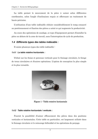 Chapitre 3 : Recherche Bibliographique
5
La table permet le mouvement de la pièce à usiner selon différentes
coordonnées, selon l'angle d'inclinaison requis et effectuant un traitement de
haute précision.
L’utilisation d’une table indéxable réduire considérablement le temp consacré
au positionnement et fixation des pièces a usiné ce qui augmente la productivité.
Au cours des opérations de soudage, ce type d’équipement permet d’installer la
pièce en dehors de la zone de travail, sans l’interruption de cycle de production.
1.4 Différents types des tables indéxable :
Il existe plusieurs types des table indéxable :
1.4.1 La table rotative horizontale :
Utilisé sur les fraise et perceuse verticale pour le fraisage circulaire, le forage
de trous circulaires et d'autres opérations. L'option de conception la plus simple
et la plus versatile.
Figure 1 : Table rotative horizontale
1.4.2 Table rotative horizontale / verticale :
Fournit la possibilité d’usiner efficacement des pièces dans des positions
verticales et horizontales. Cette table en particulier, est largement utilisée dans
le fraisage circulaire et le rainurage hélicoïdal et les opérations de perçage.
 