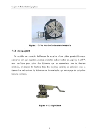 Chapitre 3 : Recherche Bibliographique
6
Figure 2 : Table rotative horizontale / verticale
1.4.3 Etau pivotant
Ce modèle est capable d'effectuer la rotation d'une pièce particulièrement
autour de son axe. la pièce à usiner peut-être inclinée selon un angle de 0 à 80 °.
sont parfaites pour gérer des éléments qui ne nécessitent pas de fixation
multiple. L'élément de fixation dans les modèles inclinés se présente sous la
forme d'un mécanisme de libération de la manivelle, qui est équipé de poignées-
loquets spéciaux.
Figure 3 : Etau pivotant
 