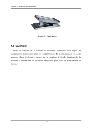 Chapitre 3 : Recherche Bibliographique
9
Figure 7 : Table sinus.
1.5 Conclusion
Dans ce chapitre on a effectué la recherche nécessaire pour acquit les
informations nécessaires pour la compréhension du fonctionnement de notre
système. Dans le chapitre suivant on va procéder à l’étude fonctionnelle du
système et déterminer les solutions adaptables pour table de maintenance de
moule.
 