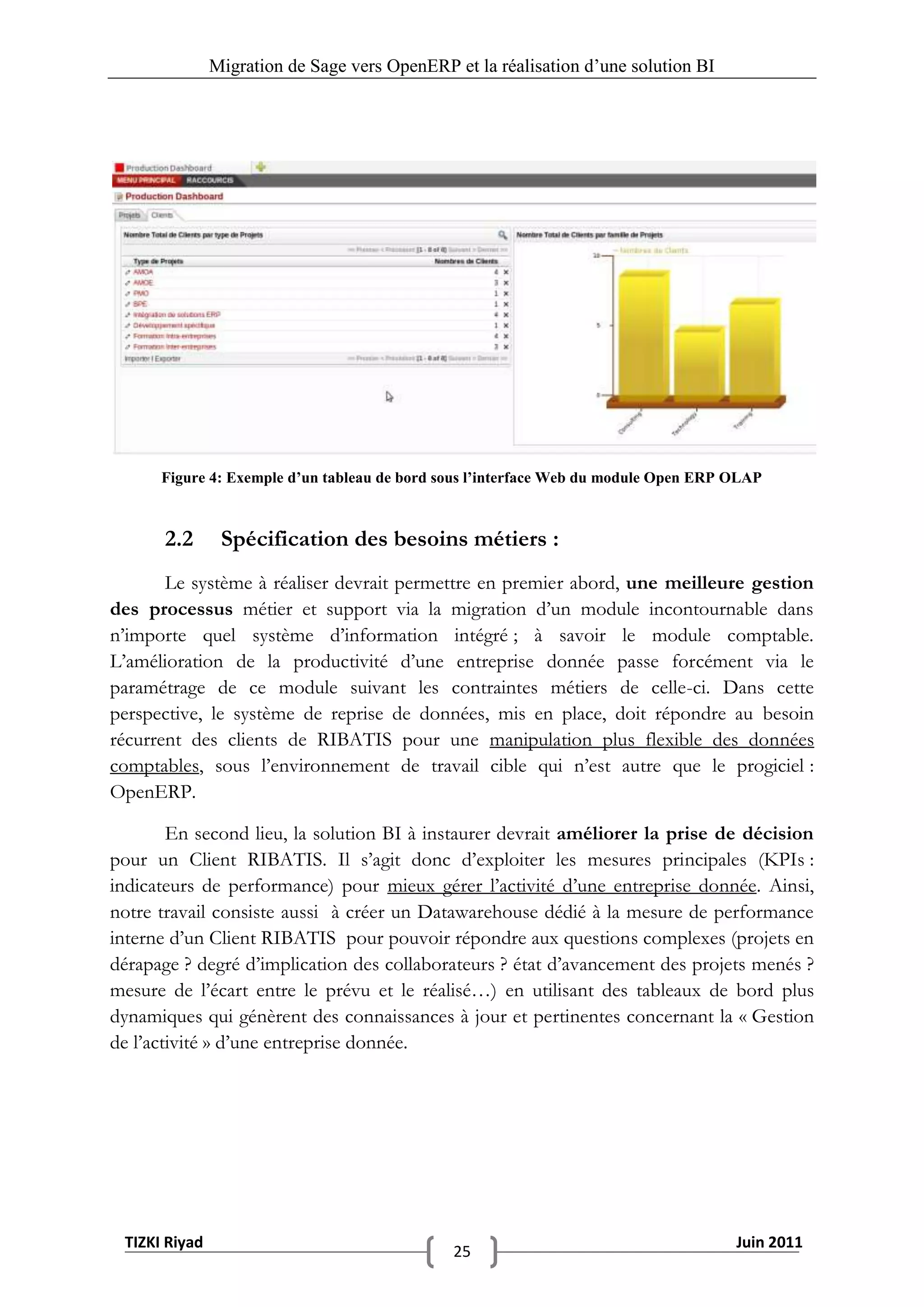 Migration de Sage vers OpenERP et la réalisation d‟une solution BI




      Figure 4: Exemple d’un tableau de bord sous l’interface Web du module Open ERP OLAP



      2.2       Spécification des besoins métiers :
       Le système à réaliser devrait permettre en premier abord, une meilleure gestion
des processus métier et support via la migration d’un module incontournable dans
n’importe quel système d’information intégré ; à savoir le module comptable.
L’amélioration de la productivité d’une entreprise donnée passe forcément via le
paramétrage de ce module suivant les contraintes métiers de celle-ci. Dans cette
perspective, le système de reprise de données, mis en place, doit répondre au besoin
récurrent des clients de RIBATIS pour une manipulation plus flexible des données
comptables, sous l’environnement de travail cible qui n’est autre que le progiciel :
OpenERP.

        En second lieu, la solution BI à instaurer devrait améliorer la prise de décision
pour un Client RIBATIS. Il s’agit donc d’exploiter les mesures principales (KPIs :
indicateurs de performance) pour mieux gérer l’activité d’une entreprise donnée. Ainsi,
notre travail consiste aussi à créer un Datawarehouse dédié à la mesure de performance
interne d’un Client RIBATIS pour pouvoir répondre aux questions complexes (projets en
dérapage ? degré d’implication des collaborateurs ? état d’avancement des projets menés ?
mesure de l’écart entre le prévu et le réalisé…) en utilisant des tableaux de bord plus
dynamiques qui génèrent des connaissances à jour et pertinentes concernant la « Gestion
de l’activité » d’une entreprise donnée.




 TIZKI Riyad                                                                         Juin 2011
                                              25
 