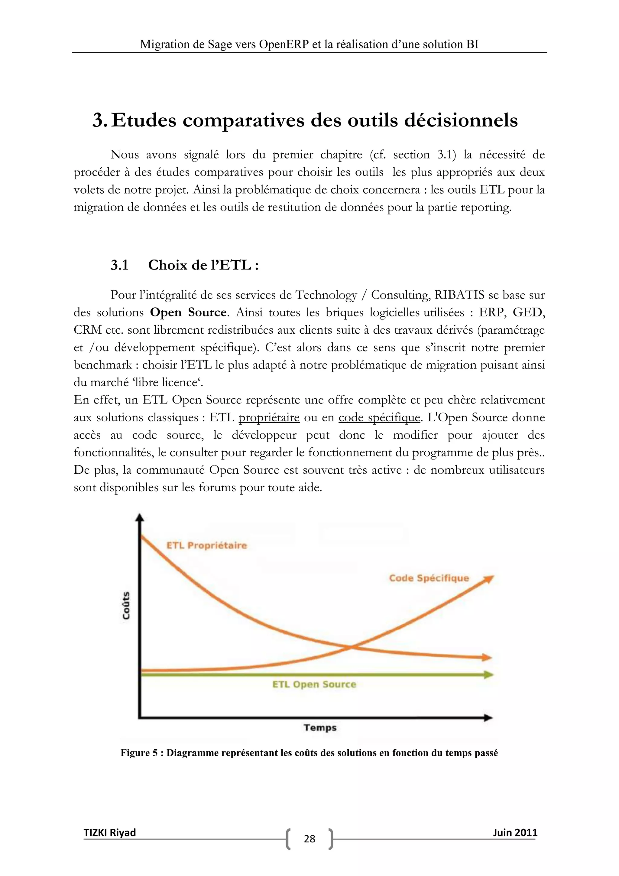 Migration de Sage vers OpenERP et la réalisation d‟une solution BI




   3. Etudes comparatives des outils décisionnels
       Nous avons signalé lors du premier chapitre (cf. section 3.1) la nécessité de
procéder à des études comparatives pour choisir les outils les plus appropriés aux deux
volets de notre projet. Ainsi la problématique de choix concernera : les outils ETL pour la
migration de données et les outils de restitution de données pour la partie reporting.



       3.1      Choix de l’ETL :
       Pour l’intégralité de ses services de Technology / Consulting, RIBATIS se base sur
des solutions Open Source. Ainsi toutes les briques logicielles utilisées : ERP, GED,
CRM etc. sont librement redistribuées aux clients suite à des travaux dérivés (paramétrage
et /ou développement spécifique). C’est alors dans ce sens que s’inscrit notre premier
benchmark : choisir l’ETL le plus adapté à notre problématique de migration puisant ainsi
du marché ‘libre licence‘.
En effet, un ETL Open Source représente une offre complète et peu chère relativement
aux solutions classiques : ETL propriétaire ou en code spécifique. L'Open Source donne
accès au code source, le développeur peut donc le modifier pour ajouter des
fonctionnalités, le consulter pour regarder le fonctionnement du programme de plus près..
De plus, la communauté Open Source est souvent très active : de nombreux utilisateurs
sont disponibles sur les forums pour toute aide.




         Figure 5 : Diagramme représentant les coûts des solutions en fonction du temps passé




 TIZKI Riyad                                                                               Juin 2011
                                                 28
 
