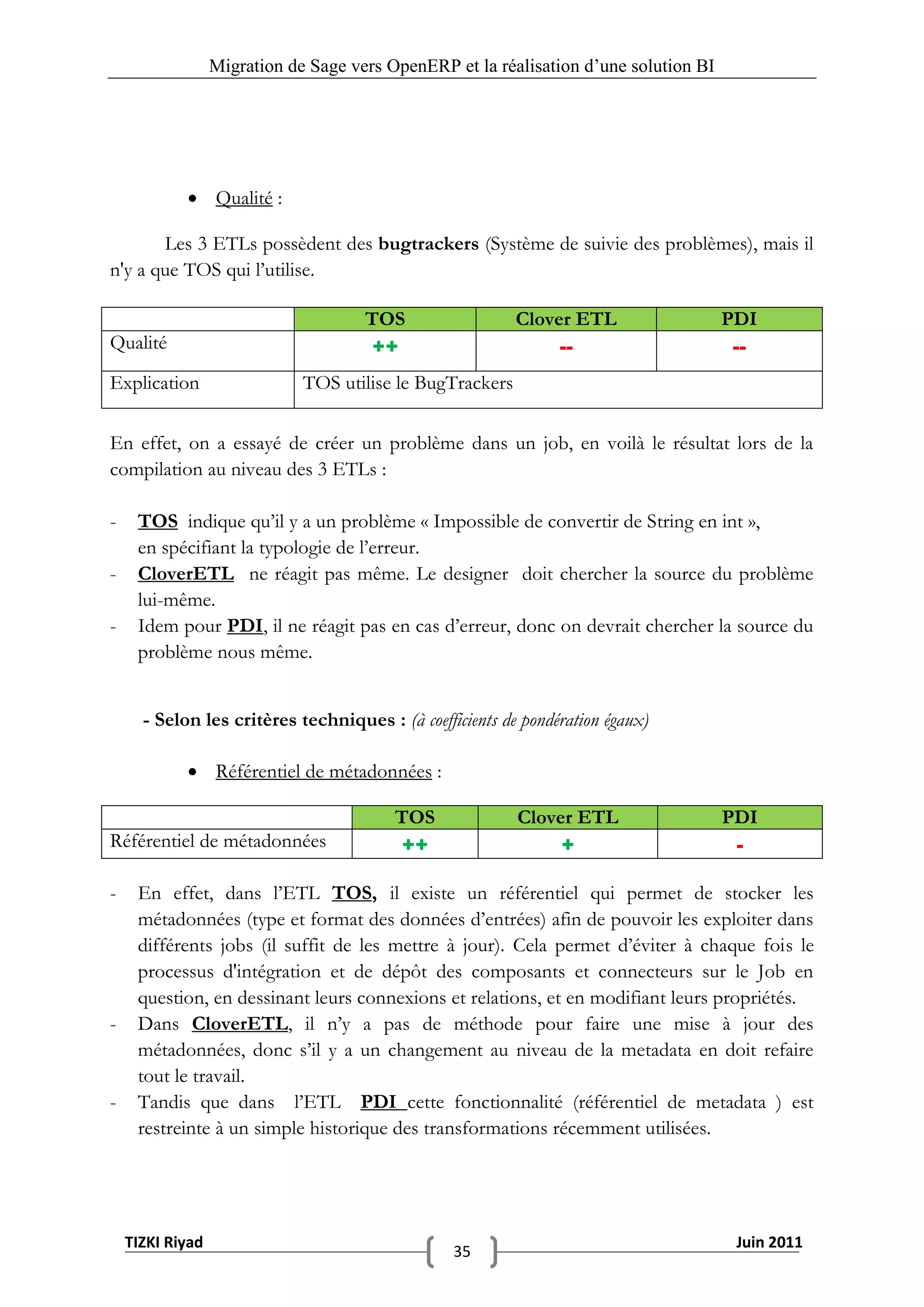 Migration de Sage vers OpenERP et la réalisation d‟une solution BI




             Qualité :

       Les 3 ETLs possèdent des bugtrackers (Système de suivie des problèmes), mais il
n'y a que TOS qui l’utilise.

                                      TOS                  Clover ETL                  PDI
Qualité                               ++                        --                      --
Explication                   TOS utilise le BugTrackers

En effet, on a essayé de créer un problème dans un job, en voilà le résultat lors de la
compilation au niveau des 3 ETLs :

-    TOS indique qu’il y a un problème « Impossible de convertir de String en int »,
     en spécifiant la typologie de l’erreur.
-    CloverETL ne réagit pas même. Le designer doit chercher la source du problème
     lui-même.
-    Idem pour PDI, il ne réagit pas en cas d’erreur, donc on devrait chercher la source du
     problème nous même.


      - Selon les critères techniques : (à coefficients de pondération égaux)

             Référentiel de métadonnées :

                                          TOS              Clover ETL                  PDI
Référentiel de métadonnées                ++                    +                       -

-    En effet, dans l’ETL TOS, il existe un référentiel qui permet de stocker les
     métadonnées (type et format des données d’entrées) afin de pouvoir les exploiter dans
     différents jobs (il suffit de les mettre à jour). Cela permet d’éviter à chaque fois le
     processus d'intégration et de dépôt des composants et connecteurs sur le Job en
     question, en dessinant leurs connexions et relations, et en modifiant leurs propriétés.
-    Dans CloverETL, il n’y a pas de méthode pour faire une mise à jour des
     métadonnées, donc s’il y a un changement au niveau de la metadata en doit refaire
     tout le travail.
-    Tandis que dans l’ETL PDI cette fonctionnalité (référentiel de metadata ) est
     restreinte à un simple historique des transformations récemment utilisées.




    TIZKI Riyad                                                                         Juin 2011
                                                 35
 