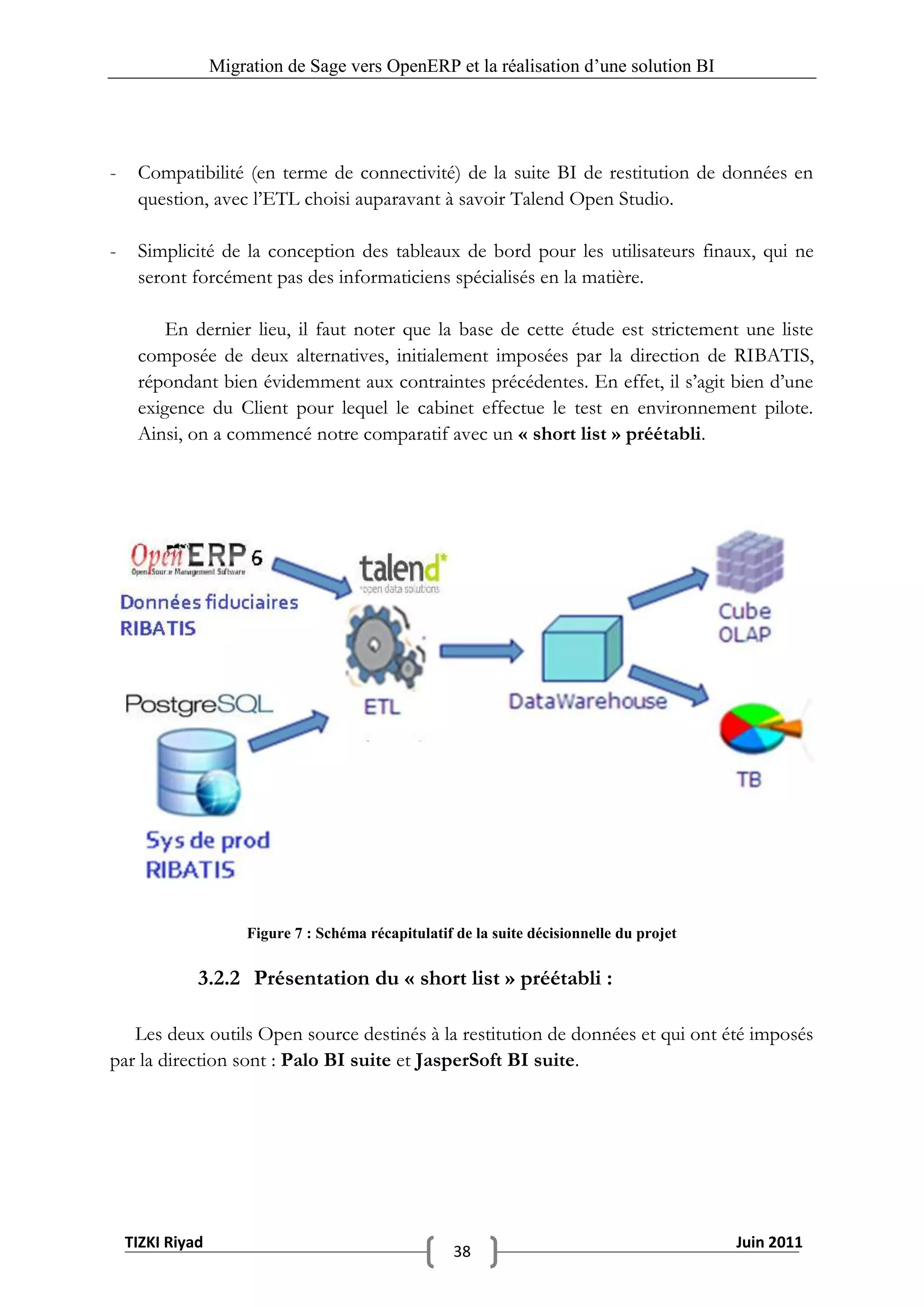 Migration de Sage vers OpenERP et la réalisation d‟une solution BI




-    Compatibilité (en terme de connectivité) de la suite BI de restitution de données en
     question, avec l’ETL choisi auparavant à savoir Talend Open Studio.

-    Simplicité de la conception des tableaux de bord pour les utilisateurs finaux, qui ne
     seront forcément pas des informaticiens spécialisés en la matière.

         En dernier lieu, il faut noter que la base de cette étude est strictement une liste
     composée de deux alternatives, initialement imposées par la direction de RIBATIS,
     répondant bien évidemment aux contraintes précédentes. En effet, il s’agit bien d’une
     exigence du Client pour lequel le cabinet effectue le test en environnement pilote.
     Ainsi, on a commencé notre comparatif avec un « short list » préétabli.




                      Figure 7 : Schéma récapitulatif de la suite décisionnelle du projet


              3.2.2 Présentation du « short list » préétabli :

   Les deux outils Open source destinés à la restitution de données et qui ont été imposés
par la direction sont : Palo BI suite et JasperSoft BI suite.




    TIZKI Riyad                                                                             Juin 2011
                                                      38
 