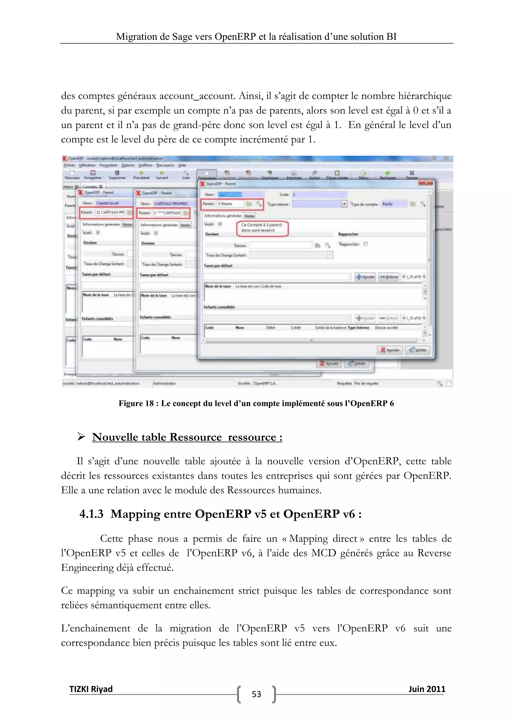 Migration de Sage vers OpenERP et la réalisation d‟une solution BI




des comptes généraux account_account. Ainsi, il s’agit de compter le nombre hiérarchique
du parent, si par exemple un compte n’a pas de parents, alors son level est égal à 0 et s’il a
un parent et il n’a pas de grand-père donc son level est égal à 1. En général le level d’un
compte est le level du père de ce compte incrémenté par 1.




               Figure 18 : Le concept du level d’un compte implémenté sous l’OpenERP 6



    Nouvelle table Ressource_ressource :
    Il s’agit d’une nouvelle table ajoutée à la nouvelle version d’OpenERP, cette table
décrit les ressources existantes dans toutes les entreprises qui sont gérées par OpenERP.
Elle a une relation avec le module des Ressources humaines.

    4.1.3 Mapping entre OpenERP v5 et OpenERP v6 :
        Cette phase nous a permis de faire un « Mapping direct » entre les tables de
l’OpenERP v5 et celles de l’OpenERP v6, à l’aide des MCD générés grâce au Reverse
Engineering déjà effectué.

Ce mapping va subir un enchainement strict puisque les tables de correspondance sont
reliées sémantiquement entre elles.

L’enchainement de la migration de l’OpenERP v5 vers l’OpenERP v6 suit une
correspondance bien précis puisque les tables sont lié entre eux.



 TIZKI Riyad                                                                             Juin 2011
                                                 53
 