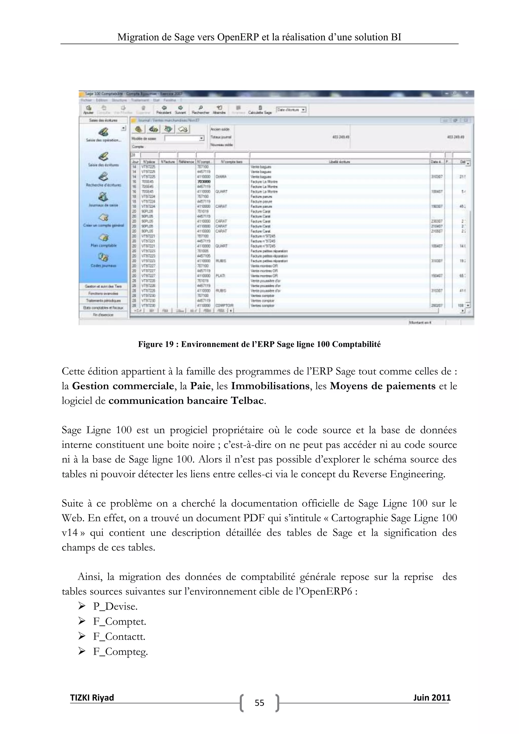Migration de Sage vers OpenERP et la réalisation d‟une solution BI




                   Figure 19 : Environnement de l’ERP Sage ligne 100 Comptabilité


Cette édition appartient à la famille des programmes de l’ERP Sage tout comme celles de :
la Gestion commerciale, la Paie, les Immobilisations, les Moyens de paiements et le
logiciel de communication bancaire Telbac.

Sage Ligne 100 est un progiciel propriétaire où le code source et la base de données
interne constituent une boite noire ; c’est-à-dire on ne peut pas accéder ni au code source
ni à la base de Sage ligne 100. Alors il n’est pas possible d’explorer le schéma source des
tables ni pouvoir détecter les liens entre celles-ci via le concept du Reverse Engineering.

Suite à ce problème on a cherché la documentation officielle de Sage Ligne 100 sur le
Web. En effet, on a trouvé un document PDF qui s’intitule « Cartographie Sage Ligne 100
v14 » qui contient une description détaillée des tables de Sage et la signification des
champs de ces tables.

    Ainsi, la migration des données de comptabilité générale repose sur la reprise des
tables sources suivantes sur l’environnement cible de l’OpenERP6 :
     P_Devise.
     F_Comptet.
     F_Contactt.
     F_Compteg.



 TIZKI Riyad                                                                        Juin 2011
                                                55
 