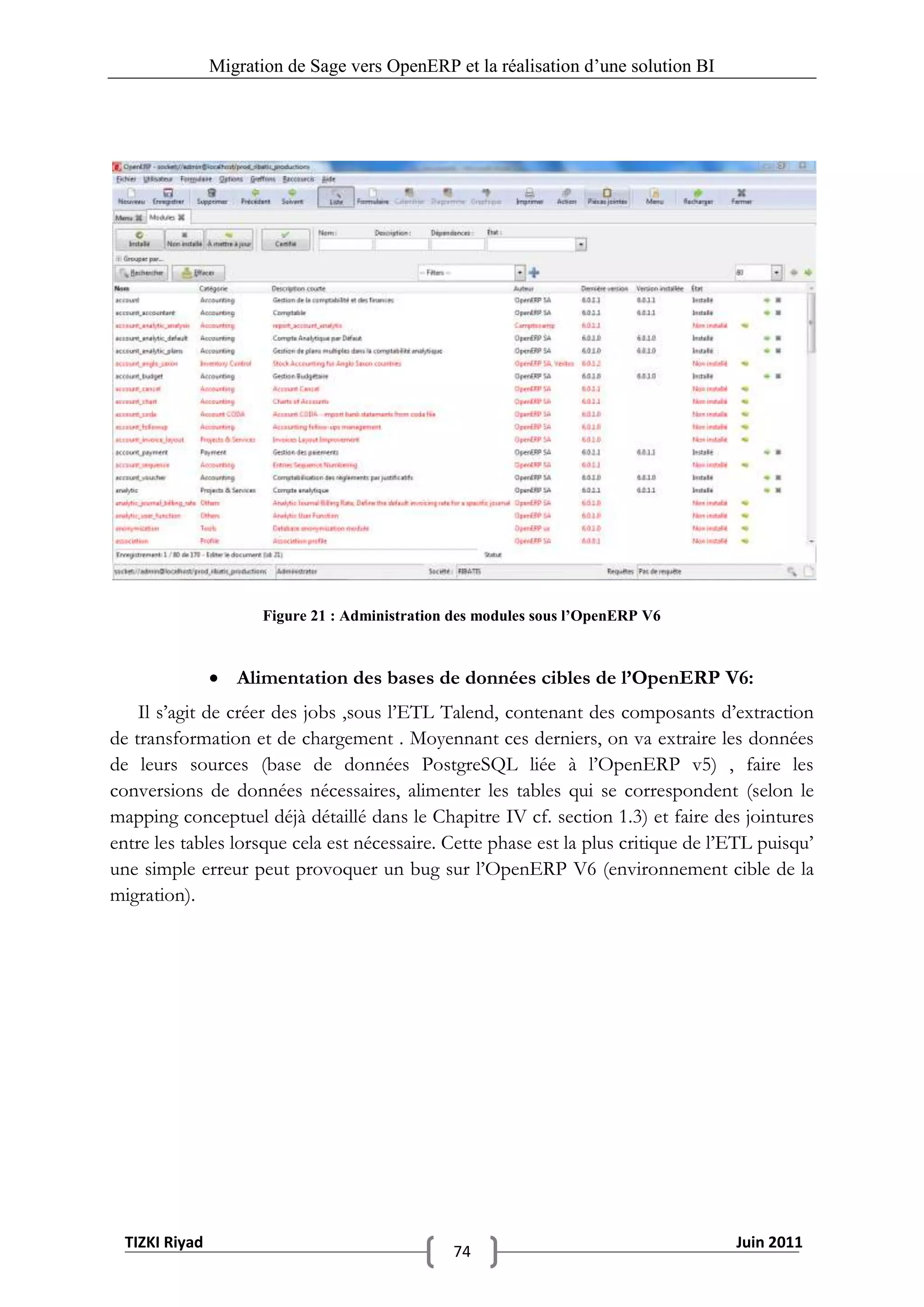 Migration de Sage vers OpenERP et la réalisation d‟une solution BI




                       Figure 21 : Administration des modules sous l’OpenERP V6



                 Alimentation des bases de données cibles de l’OpenERP V6:
    Il s’agit de créer des jobs ,sous l’ETL Talend, contenant des composants d’extraction
de transformation et de chargement . Moyennant ces derniers, on va extraire les données
de leurs sources (base de données PostgreSQL liée à l’OpenERP v5) , faire les
conversions de données nécessaires, alimenter les tables qui se correspondent (selon le
mapping conceptuel déjà détaillé dans le Chapitre IV cf. section 1.3) et faire des jointures
entre les tables lorsque cela est nécessaire. Cette phase est la plus critique de l’ETL puisqu’
une simple erreur peut provoquer un bug sur l’OpenERP V6 (environnement cible de la
migration).




  TIZKI Riyad                                                                        Juin 2011
                                                 74
 