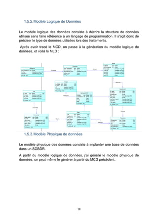 18
1.5.2.Modèle Logique de Données
Le modèle logique des données consiste à décrire la structure de données
utilisée sans faire référence à un langage de programmation. Il s'agit donc de
préciser le type de données utilisées lors des traitements.
Après avoir tracé le MCD, on passe à la génération du modèle logique de
données, et voilà le MLD :
1.5.3.Modèle Physique de données
Le modèle physique des données consiste à implanter une base de données
dans un SGBDR.
A partir du modèle logique de données, j’ai généré le modèle physique de
données, on peut même le générer à partir du MCD précèdent.
 
