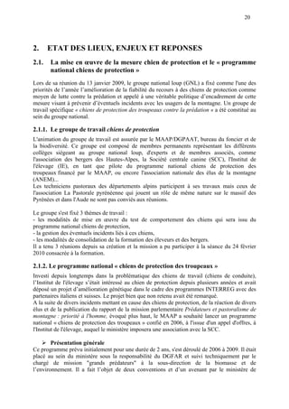 20
2. ETAT DES LIEUX, ENJEUX ET REPONSES
2.1. La mise en œuvre de la mesure chien de protection et le « programme
national chiens de protection »
Lors de sa réunion du 13 janvier 2009, le groupe national loup (GNL) a fixé comme l'une des
priorités de l’année l’amélioration de la fiabilité du recours à des chiens de protection comme
moyen de lutte contre la prédation et appelé à une véritable politique d’encadrement de cette
mesure visant à prévenir d’éventuels incidents avec les usagers de la montagne. Un groupe de
travail spécifique « chiens de protection des troupeaux contre la prédation » a été constitué au
sein du groupe national.
2.1.1. Le groupe de travail chiens de protection
L'animation du groupe de travail est assurée par le MAAP/DGPAAT, bureau du foncier et de
la biodiversité. Ce groupe est composé de membres permanents représentant les différents
collèges siégeant au groupe national loup, d'experts et de membres associés, comme
l'association des bergers des Hautes-Alpes, la Société centrale canine (SCC), l'Institut de
l'élevage (IE), en tant que pilote du programme national chiens de protection des
troupeaux financé par le MAAP, ou encore l'association nationale des élus de la montagne
(ANEM)...
Les techniciens pastoraux des départements alpins participent à ses travaux mais ceux de
l'association La Pastorale pyrénéenne qui jouent un rôle de même nature sur le massif des
Pyrénées et dans l'Aude ne sont pas conviés aux réunions.
Le groupe s'est fixé 3 thèmes de travail :
- les modalités de mise en œuvre du test de comportement des chiens qui sera issu du
programme national chiens de protection,
- la gestion des éventuels incidents liés à ces chiens,
- les modalités de consolidation de la formation des éleveurs et des bergers.
Il a tenu 3 réunions depuis sa création et la mission a pu participer à la séance du 24 février
2010 consacrée à la formation.
2.1.2. Le programme national « chiens de protection des troupeaux »
Investi depuis longtemps dans la problématique des chiens de travail (chiens de conduite),
l’Institut de l'élevage s’était intéressé au chien de protection depuis plusieurs années et avait
déposé un projet d’amélioration génétique dans le cadre des programmes INTERREG avec des
partenaires italiens et suisses. Le projet bien que non retenu avait été remarqué.
A la suite de divers incidents mettant en cause des chiens de protection, de la réaction de divers
élus et de la publication du rapport de la mission parlementaire Prédateurs et pastoralisme de
montagne : priorité à l'homme, évoqué plus haut, le MAAP a souhaité lancer un programme
national « chiens de protection des troupeaux » confié en 2006, à l'issue d'un appel d'offres, à
l'Institut de l'élevage, auquel le ministère imposera une association avec la SCC.
Présentation générale
Ce programme prévu initialement pour une durée de 2 ans, s'est déroulé de 2006 à 2009. Il était
placé au sein du ministère sous la responsabilité du DGFAR et suivi techniquement par le
chargé de mission "grands prédateurs" à la sous-direction de la biomasse et de
l’environnement. Il a fait l’objet de deux conventions et d’un avenant par le ministère de
 
