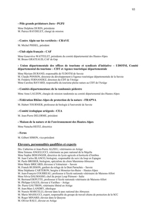 93
- Pôle grands prédateurs Jura - PGPJ
Mme Delphine DURIN, présidente
M. Patrice RAYDELET, chargé de mission
- Centre Alpin sur les vertébrés - CRAVE
M. Michel PHISEL, président
- Club alpin français - CAF
Mme Geneviève WATTELET, présidente du comité départemental des Hautes-Alpes
M. Bruno GRATEAUD, CAF de Gap
- Union départementale des offices de tourisme et syndicats d'initiative – UDOTSI, Comité
départemental du tourisme – CDT et Agence touristique départementale
Mme Myriam DURAND, responsable de l'UDOTSI de Savoie
M. Claude PONSON, directeur du développement à l'agence touristique départementale de la Savoie
M. Frédéric FERNANDEZ, directeur du CDT de l'Ariège
Mme Caroline BAYARD, responsable du tourisme pleine nature au CDT de l'Ariège
- Comités départementaux de la randonnée pédestre
Mme Anne LAUZON, chargée de mission randonnée au comité départemental des Hautes-Alpes
- Fédération Rhône-Alpes de protection de la nature - FRAPNA
M. Hubert TOURNIER, professeur de biologie à l'université de Savoie
- Comité écologique ariégeois - CEA
M. Jean-Pierre DELORME, président
- Maison de la nature et de l'environnement des Hautes-Alpes
Mme Natacha HEITZ, directrice
- Ferus
M. Gilbert SIMON, vice-président
Eleveurs, personnalités qualifiées et experts
Drs. Catherine et Jean-Pierre ALZIEU, vétérinaires en Ariège
Mme Simone ANGELUCCI, vétérinaire au parc national de la Majella
Mme Sophie BERANGER, directrice du lycée agricole et horticole d'Antibes
M. Juan Carlos BLANCO, biologiste, responsable du suivi du loup en Espagne
M. Paolo BREBER, biologiste, spécialiste du chien Maremme-Abruzzes
Mme Marie BRICARD, éleveuse à Valmeinier – Savoie
M. Franck BUISSON, gardien du refuge de la Dent Parrachée – Savoie
Mme Stéphanie CARTERON, bergère à Monetier-les-Bains – Hautes-Alpes
M. Jean-François COURREAU, professeur à l'école nationale vétérinaire de Maisons-Alfort
Mme Silvia DALMASSO, chef du projet Loup Piémont - Italie
M. Bertrand DEPUTTE, professeur à l'école nationale vétérinaire de Maisons-Alfort
M. Philippe GALES, éleveur à Varilhes – Ariège
Dr. Pierre GAUTRON, vétérinaire libéral en Ariège
M. Jean-Marc LANDRY, éthologue
M. Nunzio MARCELLI, éleveur dans le parc national des Abruzzes
M. Mario MASSUCCI, expert, responsable du groupe de travail chiens de protection de la SCC
M. Roger MINARD, éleveur dans le Queyras
M. Olivier RALU, éleveur en Ariège
 