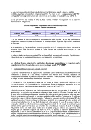 La proportion des sociétés contrôlées respectant la recommandation selon laquelle « dans les sociétés
contrôlées, la part des administrateurs indépendants doit être d’au moins un tiers » a progressé pour le SBF 120
par rapport à l’exercice précédent, mais cette proportion est revenue à son niveau de 2008 pour le CAC 40.

En ce qui concerne les sociétés du CAC 40, trois sociétés contrôlées ne respectent pas la proportion
d’administrateurs indépendants.

                      Sociétés respectant la proportion d’administrateurs indépendants
                                      dans les sociétés non contrôlées

                        SBF 120                                                     CAC 40
      Exercice 2009                 Exercice 2010                 Exercice 2009                 Exercice 2010
          76 %                          75 %                          82 %                          86 %

75 % des sociétés du SBF 120 appliquent la recommandation selon laquelle « la part des administrateurs
indépendants doit être de la moitié du conseil dans les sociétés au capital dispersé et dépourvues d’actionnaires
de contrôle ».

86 % des sociétés du CAC 40 appliquent cette recommandation en 2010, cette proportion n’ayant pas cessé de
progresser depuis 2004. Les autres sociétés de l’indice donnent une explication au non respect de cette
recommandation.

La présence d’administrateurs représentant l’Etat rend plus difficile le respect de la proportion d’administrateurs
indépendants pour les sociétés contrôlées comme pour les sociétés non contrôlées.


Les extraits ci-dessous présentent les justifications données par les sociétés qui ne respectent pas la
proportion d’administrateurs indépendants recommandée par le code AFEP-MEDEF.

1) Sociétés contrôlées ne respectant pas cette proportion

« Le comité des nominations et de la gouvernance a considéré que les conditions actuelles de fonctionnement
permettaient au conseil et à ses comités d’accomplir leurs missions avec l’efficacité, l’objectivité et
l’indépendance nécessaires, en particulier s’agissant de la prévention d’éventuels conflits d’intérêts et de la prise
en compte équitable des intérêts de l’ensemble des actionnaires ».

« Compte tenu du cadre légal spécifique applicable à la société, le conseil d’administration comporte, sur un
total de 18 membres, 12 administrateurs dont 6 représentent l’État et 6 représentent les salariés et qui ne
peuvent pas répondre aux critères d’indépendance définis par le code AFEP-MEDEF».

« Il résulte du pacte d’actionnaires que 9 administrateurs sont désignés sur proposition de la société et 5
administrateurs sur proposition des autres actionnaires ayant signé le pacte. (…) On peut s’interroger sur le fait
de savoir si les administrateurs désignés sur proposition des actionnaires signataires du pacte, autres que ceux
désignés sur proposition de la société ne pourraient pas également être qualifies d’indépendants. En effet, ces
administrateurs, qui ont été nommés sur proposition d’actionnaires possédant sensiblement moins de 10 % du
capital de la société, n’entretiennent aucune relation avec la société, son groupe ou la direction générale qui
puisse compromettre l’exercice de leur liberté de jugement, autre que celle du pacte. Si le pacte prévoit une
concertation préalable au vote, il ne comporte pas d’engagement explicite de vote bloqué. En conséquence, en
retenant comme hypothèse très stricte que l’ensemble des administrateurs signataires du pacte ne sont pas
indépendants (même s’ils n’ont aucune relation avec la société qui puisse entraver leur jugement et sont
désignés par un actionnaire disposant de moins de 10 % du capital), la proportion d’administrateurs
indépendants au sein du conseil d’administration est de 22 %. En qualifiant d’indépendants les administrateurs
désignés sur proposition d’actionnaires disposant de moins de 10 % du capital et n’ayant pas de relation avec la
société susceptible d’entraver leur liberté de jugement, la proportion serait supérieure à 33 % ».


                                                                                                                   16
 