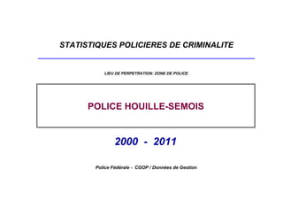 STATISTIQUES POLICIERES DE CRIMINALITE


          LIEU DE PERPETRATION: ZONE DE POLICE




      POLICE HOUILLE-SEMOIS


               2000 - 2011

       Police Fédérale - CGOP / Données de Gestion
 
