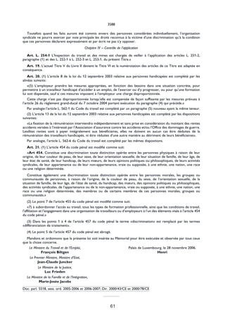 3588

   Toutefois quand les faits auront été commis envers des personnes considérées individuellement, l’organisation
syndicale ne pourra exercer par voie principale les droits reconnus à la victime d’une discrimination qu’à la condition
que ces personnes déclarent expressément et par écrit ne pas s’y opposer.
                                              Chapitre IV – Contrôle de l’application

   Art. L. 254-1 L’Inspection du travail et des mines est chargée de veiller à l’application des articles L. 251-2,
paragraphe (1) et des L. 252-1 à L. 252-3 et L. 253-1. du présent Titre.»
  Art. 19. L’actuel Titre V du Livre II devient le Titre VI et la numérotation des articles de ce Titre est adaptée en
conséquence.
    Art. 20. (1) L’article 8 de la loi du 12 septembre 2003 relative aux personnes handicapées est complété par les
alinéas suivants:
    «(5) L’employeur prendra les mesures appropriées, en fonction des besoins dans une situation concrète, pour
permettre à un travailleur handicapé d’accéder à un emploi, de l’exercer ou d’y progresser, ou pour qu’une formation
lui soit dispensée, sauf si ces mesures imposent à l’employeur une charge disproportionnée.
    Cette charge n’est pas disproportionnée lorsqu’elle est compensée de façon suffisante par les mesures prévues à
l’article 26 du règlement grand-ducal du 7 octobre 2004 portant exécution du paragraphe (4) qui précède.»
   Par analogie l’article L. 562-1 du Code du travail est complété par un paragraphe (5) nouveau ayant la même teneur.
   (2) L’article 13 de la loi du 12 septembre 2003 relative aux personnes handicapées est complété par les dispositions
suivantes:
   «La fixation de la rémunération interviendra indépendamment et sans prise en considération du montant des rentes
accidents versées à l’intéressé par l’Association d’assurance contre les accidents et/ou l’Office des dommages de guerre.
Lesdites rentes sont à payer intégralement aux bénéficiaires, elles ne doivent en aucun cas être déduites de la
rémunération des travailleurs handicapés, ni être réduites d’une autre manière au détriment de leurs bénéficiaires».
   Par analogie, l’article L. 562-6 du Code du travail est complété par les mêmes dispositions.
   Art. 21. (1) L’article 454 du code pénal est modifié comme suit:
   «Art 454. Constitue une discrimination toute distinction opérée entre les personnes physiques à raison de leur
origine, de leur couleur de peau, de leur sexe, de leur orientation sexuelle, de leur situation de famille, de leur âge, de
leur état de santé, de leur handicap, de leurs mœurs, de leurs opinions politiques ou philosophiques, de leurs activités
syndicales, de leur appartenance ou de leur non-appartenance, vraie ou supposée, à une ethnie, une nation, une race
ou une religion déterminée.
   Constitue également une discrimination toute distinction opérée entre les personnes morales, les groupes ou
communautés de personnes, à raison de l’origine, de la couleur de peau, du sexe, de l’orientation sexuelle, de la
situation de famille, de leur âge, de l’état de santé, du handicap, des mœurs, des opinions politiques ou philosophiques,
des activités syndicales, de l’appartenance ou de la non-appartenance, vraie ou supposée, à une ethnie, une nation, une
race ou une religion déterminée, des membres ou de certains membres de ces personnes morales, groupes ou
communautés.»
   (2) Le point 7 de l’article 455 du code pénal est modifié comme suit:
    «7) à subordonner l’accès au travail, tous les types de formation professionnelle, ainsi que les conditions de travail,
l’affiliation et l’engagement dans une organisation de travailleurs ou d’employeurs à l’un des éléments visés à l’article 454
du code pénal.»
   (3) Dans les points 1 à 4 de l’article 457 du code pénal le terme «discrimination» est remplacé par les termes
«différenciation de traitement».
   (4) Le point 5 de l’article 457 du code pénal est abrogé.
  Mandons et ordonnons que la présente loi soit insérée au Mémorial pour être exécutée et observée par tous ceux
que la chose concerne.
    Le Ministre du Travail et de l’Emploi,                                    Palais de Luxembourg, le 28 novembre 2006.
            François Biltgen                                                                    Henri
     Le Premier Ministre, Ministre d’Etat,
          Jean-Claude Juncker
           Le Ministre de la Justice,
               Luc Frieden
   La Ministre de la Famille et de l’Intégration,
           Marie-Josée Jacobs

Doc. parl. 5518, sess. ord. 2005-2006 et 2006-2007; Dir. 2000/43/CE et 2000/78/CE



                                                                61
 