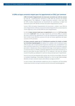 31
	Offre et loyers annoncés moyens pour les appartements en 2012, par commune
L’offre de location d’appartements est encore plus concentrée que celle des maisons
(cf. carte 8) : Luxembourg-Ville représente en effet 40% des annonces de location
d’appartements. Plus largement, la région Centre-Sud concentre à elle seule 59%
de l’offre locative d’appartements du Grand-Duché de Luxembourg. La région Sud
représente quant à elle 19% des annonces de location d’appartements environ.
Surtout, l’offre de location d’appartements est encore plus « urbaine » que l’offre de
vente d’appartements. 63% des annonces de location d’appartements se situent dans les
centres régionaux, contre 51% des offres de vente d’appartements.
En 2012, le loyer annoncé moyen pour un appartement avoisine les 1 157 € par mois,
soit environ 16,30 €/m². Dans une large majorité des communes (78%), la variation
des loyers annoncés des appartements n’a pas été statistiquement significative entre
2011 et 2012. Seules 20% des communes ont subi une hausse significative des loyers
annoncés, et 2% une baisse.
Les loyers annoncés moyens par m² s’échelonnent quasiment du simple au double
sur le territoire luxembourgeois (cf. tableau 4). La capitale reste la commune la plus
chère du pays, avec un loyer annoncé moyen de 1 332 € par mois, soit 18,93 €/m². Les
loyers annoncés moyens par m² sont également très élevés dans la première couronne
périurbaine : à Niederanven, Strassen, Kopstal et Bertrange, ils sont supérieurs à 16 €/m².
La commune d’Esch-sur-Alzette se distingue également par des loyers annoncés par m²
parmi les plus élevés du pays (16,08 € par m² en moyenne), mais avec des surfaces
souvent très petites qui expliquent en partie les niveaux de loyers par m² plutôt élevés.
Dans les communes plus éloignées de la capitale, dans le nord ou l’ouest (Wiltz, Clervaux),
la Nordstad (Erpeldange, Colmar-Berg, Ettelbruck) ou l’est du pays (Wormeldange,
Mertert), les loyers annoncés moyens sont inférieurs ou égaux à 13 €/m².
La carte 9 illustre cette distribution spatiale des prix et l’importance de l’accessibilité
routière dans les écarts de loyers annoncés entre les communes luxembourgeoises.
OFFRES ET PRIX ANNONCÉS À LA VENTE ET À LA LOCATION
 