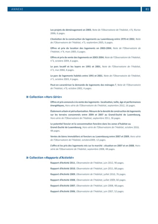  81
Les projets de déménagement en 2003, Note de l’Observatoire de l’Habitat, n°6, février
2006, 6 pages.
L’évolution de la construction de logements au Luxembourg entre 1970 et 2002, Note
de l’Observatoire de l’Habitat, n°5, septembre 2005, 6 pages.
Offres et prix de location des logements en 2003-2004, Note de l’Observatoire de
l’Habitat, n°4, mars 2005, 6 pages.
Offres et prix de vente des logements en 2003-2004, Note de l’Observatoire de l’Habitat,
n°3, octobre 2004, 6 pages.
Le parc locatif et les loyers en 1991 et 2001, Note de l’Observatoire de l’Habitat,
n°2, mai 2004, 4 pages.
Le parc de logements habités entre 1991 et 2001, Note de l’Observatoire de l’Habitat,
n°1, octobre 2003, 4 pages.
Peut-on caractériser la demande de logements des ménages ?, Note de l’Observatoire
de l’Habitat, n°0, octobre 2002, 4 pages.
	Collection «Hors-Série»
Offres et prix annoncés à la vente des logements : localisation, taille, âge et performances
énergétiques, Hors-série de l’Observatoire de l’Habitat, septembre 2012, 16 pages.
Étalementurbainetpériurbanisation.Mesuredeladensitédeconstructiondelogements
sur les terrains consommés entre 2004 et 2007 au Grand-Duché de Luxembourg,
Hors-série de l’Observatoire de l’Habitat, septembre 2011, 36 pages.
Le potentiel foncier et la consommation foncière dans les zones d’habitat au
Grand-Duché de Luxembourg, Hors-série de l’Observatoire de l’Habitat, octobre 2010,
48 pages.
Ventes de biens immobiliers et fonciers au Luxembourg entre 2007 et 2009, Hors-série
de l’Observatoire de l’Habitat, octobre2009, 12 pages.
L’offre et les prix des logements mis sur le marché : situation en 2007 et en 2008, Hors-
série de l’Observatoire de l’Habitat, septembre 2008, 48 pages.
	Collection «Rapports d’Activité»
Rapport d’Activité 2011, Observatoire de l’Habitat, juin 2012, 90 pages.
Rapport d’Activité 2010, Observatoire de l’Habitat, juin 2011, 88 pages.
Rapport d’Activité 2009, Observatoire de l’Habitat, juillet 2010, 76 pages.
Rapport d’Activité 2008, Observatoire de l’Habitat, juillet 2009, 60 pages.
Rapport d’Activité 2007, Observatoire de l’Habitat, juin 2008, 48 pages.
Rapport d’Activité 2006, Observatoire de l’Habitat, juin 2007, 52 pages.
ANNEXE
 