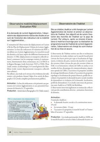À la demande de Lorient Agglomération, l’obser-
vatoire des déplacements réalise des études et un
suivi de l’évolution des indicateurs de la mobilité
sur l’agglomération, .
L’animation de l’observatoire des déplacements est l’action
n°86 du Plan de Déplacements Urbains de Lorient Agglo-
mération. La liste des indicateurs d’évaluation du PDU a
été définie avec Lorient Agglomération. Le travail de recueil
des données a été lancé auprès des différents fournisseurs de
données : CTRL (déplacements en transports collectifs ur-
bains), communes (sur les comptages routiers, le stationne-
ment, cheminements doux communaux, etc.), la SNCF et
la Région Bretagne (trafic ferroviaire TGV et TER), l’État
(trafic routier, accidentologie), le Conseil général du Mor-
bihan (trafic routier départemental, transports collectifs
inter urbains).
Par ailleurs, une étude sur le niveau et les évolutions du trafic
routier a été produite, faisant l’objet d’un article du Baro-
graphe n°21 (étude complète prochainement publiée).
Animation : La liste des indicateurs a été présentée aux par-
tenaires de Lorient Agglomération et aux potentiels four-
nisseurs de données le 23 septembre.
Production :ArticledansleBarographen°21(Traficroutier).
Dès sa création, AudéLor a été chargée par Lorient
Agglomération de monter et animer un observa-
toire de l’habitat. Son objectif est de suivre l’évo-
lution des marchés de l’habitat sur le pays de
Lorient. Par ailleurs, après sa mission d’assis-
tance à maitrise d’ouvrage pour la réalisation du
programme local de l’habitat de Lorient Agglomé-
ration, l’observatoire est chargé du suivi-évalua-
tion de sa mise en œuvre.
L’observatoire de l’habitat restitue aux élus et techniciens
du territoire les études réalisées sur le marché locatif privé
(niveau des loyers privés par type et localisation de loge-
ments, évolution des prix, tension du marché), le marché
des terrains à bâtir (niveau des prix des terrains à bâtir en
ZAC et en lotissement, volume de l’offre en surface et en
nombre de lots, dynamique de commercialisation, réparti-
tion spatiale de l’offre), l’accession à la propriété (nombre
de ménages bénéficiaires d’aides à l’accession à la propriété,
typologie et localisation des projets financés, profils des ac-
cédants à la propriété), la demande locative sociale (nombre
de demandeurs et évolution de la demande, localisation,
profil des demandeurs). Ces études sont issues du partena-
riat entre AudéLor et l’ADIL du Morbihan.
L’observatoire intervient également en soutien des collecti-
vités par des contributions diverses : animation, fournitures
de données.
Animation :
3 matinales AudéLor :
n la demande locative sociale et la construction neuve -
19 avril
n les terrains à bâtir - 31 mai
n l’accession à la propriété, le marché locatif et l’immo-
bilier d’occasion -27 septembre
Production : Les études partenariales AudéLor/ADIL sur
le marché locatif, les terrains à bâtir, la demande locative so-
Observatoire de l’habitat
AudéLor - Rapport d’activités 201328
Observatoire mobilité/déplacement
Évaluation PDU
 