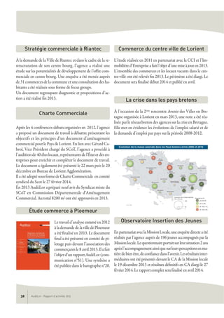 À la demande de la Ville de Riantec et dans le cadre de la re-
structuration de son centre bourg, l’agence a réalisé une
étude sur les potentialités de développement de l’offre com-
merciale en centre bourg. Une enquête a été menée auprès
de31commercesdelacommuneetuneconsultationdesha-
bitants a été réalisée sous forme de focus groups.
Un document regroupant diagnostic et propositions d’ac-
tion a été réalisé fin 2013.
Après les 4 conférences-débats organisées en 2012, l’agence
a proposé un document de travail à débattre présentant les
objectifs et les principes d’un document d’aménagement
commercialpourlePaysdeLorient.EnlienavecGérardCa-
brol, Vice Président chargé du SCoT, l’agence a procédé à
l’auditionde40éluslocaux,représentantsdel’Étatetdesen-
treprises pour enrichir et compléter le document de travail.
Le document a également été présenté le 22 mars puis le 20
décembre en Bureau de Lorient Agglomération.
IlaétéadoptésousformedeCharteCommerciale encomité
syndical du Scot le 27 février 2014.
En 2013 AudéLor a préparé neuf avis du Syndicat mixte du
SCoT en Commission Départementale d’Aménagement
Commercial. Au total 8200 m2 ont été approuvés en 2013.
Letravaild’analyseentaméen2012
àlademandedelavilledePloemeur
a été finalisé en 2013. Le document
final a été présenté en comité de pi-
lotage puis devant l’association des
commerçantsle8avril2013.Ilafait
l’objetd’unrapportAudéLor(com-
munication n°51). Une synthèse a
étépubliéedanslebarographen°20.
L’étude réalisée en 2011 en partenariat avec la CCI et l’Im-
mobilièred’Entrepriseafaitl’objetd’unemiseàjouren2013.
L’ensemble des commerces et les locaux vacants dans le cen-
tre-ville ont été relevés fin 2013. Le périmètre a été élargi. Le
document sera finalisé début 2014 et publié en avril.
À l’occasion de la 2ème rencontre Avenir des Villes en Bre-
tagne organisée à Lorient en mars 2013, une note a été réa-
lisée par le réseau breton des agences sur la crise en Bretagne.
Elle met en évidence les évolutions de l’emploi salarié et de
la demande d’emploi par pays sur la période 2008-2012.
EnpartenariataveclaMissionLocale,uneenquêtedirecteaété
réalisée par l’agence auprès de 196 jeunes accompagnés par la
Missionlocale.Lequestionnaireportaitsurleursituation2ans
aprèsl’accompagnementainsiquesurleursperceptionsenma-
tièredebienêtre,deconfiancedansl’avenir.Lesrésultatsinter-
médiaires ont été présentés devant le CA de la Mission locale
le 19 décembre 2013 et résultats définitifs en CA élargi le 27
février 2014. Le rapport complet sera finalisé en avril 2014.
Étude commerce à Ploemeur
Commerce du centre ville de Lorient
La crise dans les pays bretons
Observatoire Insertion des Jeunes
Charte Commerciale
Stratégie commerciale à Riantec
AudéLor - Rapport d’activités 201332
 