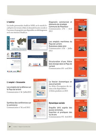 L’ habitat
Les études partenariales AudéLor/ADIL sur le marché lo-
catif privé, les terrains à bâtir, la demande locative sociale et
l’accession à la propriété sont disponibles en téléchargement
sur le site internet d’AudéLor.
L’ emploi - l’économie
Les emplois de la défense sur
le Pays de lorient
Communication n° 46 - Juillet2013
Synthèse des conférences sur
le commerce
Communication n° 50, avril 2013
Diagnostic commercial et
éléments de stratégie
Commune de Ploemeur
Communication n°51 – Avril
2013
Les emplois maritimes du
Pays de Lorient.
Évolutions 2009-2012
Communication n°56 – Juillet
2013
Structuration d’une filière
bois énergie dans le Pays de
Lorient
Communication n°61 - avril 2014
Le foncier économique en
zone d’activité
Les fiches d’occupation des ter-
rains et des disponibilités :
12 fiches produites en 2013
Dynamique sociale
Enquête 2012 auprès des
jeunes lorientais.
Insertion et pratiques des
15-29 ans
Communication n°52 - Avril 2013
AudéLor - Rapport d’activités 201336
 