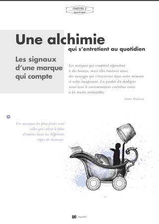 24
CHAPITRE 2
LES
MARQUES QUI COMPTENT
Une alchimiequi s’entretient au quotidien
Les marques qui comptent répondent
à des besoins, mais elles émettent aussi
des messages qui s’inscrivent dans notre mémoire
et notre imaginaire. La qualité du dialogue
noué avec le consommateur contribue aussi
à les rendre irrésistibles.
Emma Duchatot
Les signaux
d’une marque
qui compte
Les marques les plus fortes sont
celles qui créent le plus
d’entrées dans les différents
types de mémoire.
01_RAPPORT OK.indd 2401_RAPPORT OK.indd 24 10/10/14 16:2910/10/14 16:29
 