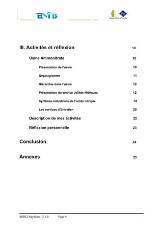III. Activités et réflexion 10
Usine Ammonitrate 10
Présentation de l’usine 10
Organigramme 11
Hiérarchie dans l’usine 12
Présentation du service Utilités-Nitriques 12
Synthèse industrielle de l’acide nitrique 14
Les services d’Entretien 20
Description de mes activités 22
Réflexion personnelle 23
Conclusion 24
Annexes 25
BORGI Haytham GI1 B Page 4
 