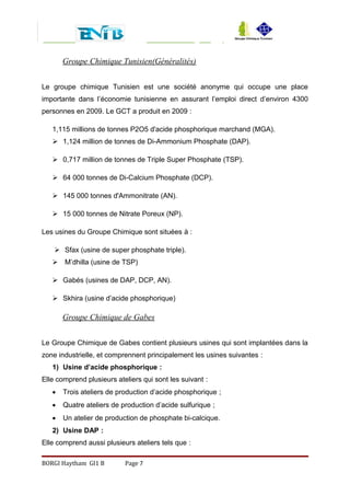 Groupe Chimique Tunisien(Généralités)
Le groupe chimique Tunisien est une société anonyme qui occupe une place
importante dans l’économie tunisienne en assurant l’emploi direct d’environ 4300
personnes en 2009. Le GCT a produit en 2009 :
1,115 millions de tonnes P2O5 d'acide phosphorique marchand (MGA).
 1,124 million de tonnes de Di-Ammonium Phosphate (DAP).
 0,717 million de tonnes de Triple Super Phosphate (TSP).
 64 000 tonnes de Di-Calcium Phosphate (DCP).
 145 000 tonnes d'Ammonitrate (AN).
 15 000 tonnes de Nitrate Poreux (NP).
Les usines du Groupe Chimique sont situées à :
 Sfax (usine de super phosphate triple).
 M’dhilla (usine de TSP)
 Gabés (usines de DAP, DCP, AN).
 Skhira (usine d’acide phosphorique)
Groupe Chimique de Gabes
Le Groupe Chimique de Gabes contient plusieurs usines qui sont implantées dans la
zone industrielle, et comprennent principalement les usines suivantes :
1) Usine d’acide phosphorique :
Elle comprend plusieurs ateliers qui sont les suivant :
 Trois ateliers de production d’acide phosphorique ;
 Quatre ateliers de production d’acide sulfurique ;
 Un atelier de production de phosphate bi-calcique.
2) Usine DAP :
Elle comprend aussi plusieurs ateliers tels que :
BORGI Haytham GI1 B Page 7
 