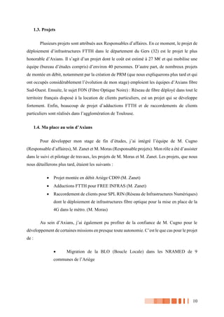 10
1.3. Projets
Plusieurs projets sont attribués aux Responsables d’affaires. En ce moment, le projet de
déploiement d’infrastructures FTTH dans le département du Gers (32) est le projet le plus
honorable d’Axians. Il s’agit d’un projet dont le coût est estimé à 27 M€ et qui mobilise une
équipe (bureau d’études compris) d’environ 40 personnes. D’autre part, de nombreux projets
de montée en débit, notamment par la création de PRM (que nous expliquerons plus tard et qui
ont occupés considérablement l’évolution de mon stage) emploient les équipes d’Axians fibre
Sud-Ouest. Ensuite, le sujet FON (Fibre Optique Noire) : Réseau de fibre déployé dans tout le
territoire français disposé à la location de clients particuliers, est un projet qui se développe
fortement. Enfin, beaucoup de projet d’adductions FTTH et de raccordements de clients
particuliers sont réalisés dans l’agglomération de Toulouse.
1.4. Ma place au sein d’Axians
Pour développer mon stage de fin d’études, j’ai intégré l’équipe de M. Cugno
(Responsable d’affaires), M. Zanet et M. Moras (Responsable projets). Mon rôle a été d’assister
dans le suivi et pilotage de travaux, les projets de M. Moras et M. Zanet. Les projets, que nous
nous détaillerons plus tard, étaient les suivants :
 Projet montée en débit Ariège CD09 (M. Zanet)
 Adductions FTTH pour FREE INFRAS (M. Zanet)
 Raccordement de clients pour SPL RIN (Réseau de Infrastructures Numériques)
dont le déploiement de infrastructures fibre optique pour la mise en place de la
4G dans le métro. (M. Moras)
Au sein d’Axians, j’ai également pu profiter de la confiance de M. Cugno pour le
développement de certaines missions en presque toute autonomie. C’est le que cas pour le projet
de :
 Migration de la BLO (Boucle Locale) dans les NRAMED de 9
communes de l’Ariège
 