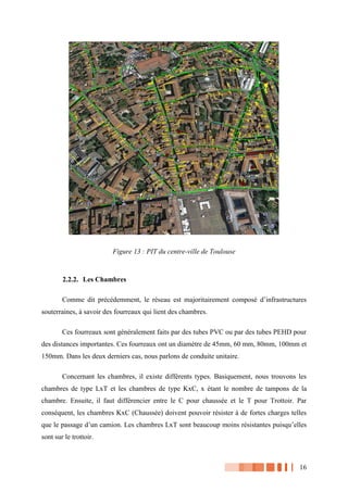 16
Figure 13 : PIT du centre-ville de Toulouse
2.2.2. Les Chambres
Comme dit précédemment, le réseau est majoritairement composé d’infrastructures
souterraines, à savoir des fourreaux qui lient des chambres.
Ces fourreaux sont généralement faits par des tubes PVC ou par des tubes PEHD pour
des distances importantes. Ces fourreaux ont un diamètre de 45mm, 60 mm, 80mm, 100mm et
150mm. Dans les deux derniers cas, nous parlons de conduite unitaire.
Concernant les chambres, il existe différents types. Basiquement, nous trouvons les
chambres de type LxT et les chambres de type KxC, x étant le nombre de tampons de la
chambre. Ensuite, il faut différencier entre le C pour chaussée et le T pour Trottoir. Par
conséquent, les chambres KxC (Chaussée) doivent pouvoir résister à de fortes charges telles
que le passage d’un camion. Les chambres LxT sont beaucoup moins résistantes puisqu’elles
sont sur le trottoir.
 