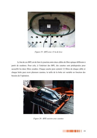 19
Figure 19 : BPE avec 15 m de love
Le but de ces BPE est de faire la jonction entre deux câbles de fibre optique différents à
partir de soudures. Pour cela, à l’intérieur des BPE, des casettes sont prédisposées pour
accueillir les deux fibres soudées. Chaque casette peut contenir 12 fibres de chaque câble et
chaque boîte peut avoir plusieurs casettes, la taille de la boîte est variable en fonction des
besoins de l’opération.
Figure 20 : BPE ouverte avec casettes
 