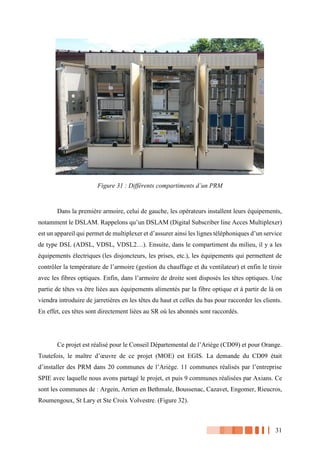 31
Figure 31 : Différents compartiments d’un PRM
Dans la première armoire, celui de gauche, les opérateurs installent leurs équipements,
notamment le DSLAM. Rappelons qu’un DSLAM (Digital Subscriber line Acces Multiplexer)
est un appareil qui permet de multiplexer et d’assurer ainsi les lignes téléphoniques d’un service
de type DSL (ADSL, VDSL, VDSL2…). Ensuite, dans le compartiment du milieu, il y a les
équipements électriques (les disjoncteurs, les prises, etc.), les équipements qui permettent de
contrôler la température de l’armoire (gestion du chauffage et du ventilateur) et enfin le tiroir
avec les fibres optiques. Enfin, dans l’armoire de droite sont disposés les têtes optiques. Une
partie de têtes va être liées aux équipements alimentés par la fibre optique et à partir de là on
viendra introduire de jarretières en les têtes du haut et celles du bas pour raccorder les clients.
En effet, ces têtes sont directement liées au SR où les abonnés sont raccordés.
Ce projet est réalisé pour le Conseil Départemental de l’Ariège (CD09) et pour Orange.
Toutefois, le maître d’œuvre de ce projet (MOE) est EGIS. La demande du CD09 était
d’installer des PRM dans 20 communes de l’Ariège. 11 communes réalisés par l’entreprise
SPIE avec laquelle nous avons partagé le projet, et puis 9 communes réalisées par Axians. Ce
sont les communes de : Argein, Arrien en Bethmale, Boussenac, Cazavet, Engomer, Rieucros,
Roumengoux, St Lary et Ste Croix Volvestre. (Figure 32).
 