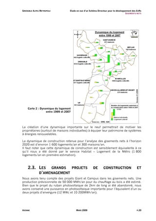 G R E N O B L E A L PE S M E T R O P O L E   Etude en vue d’un Schéma Directeur pour le développement des EnRs
                                                                                                G I S EM ENT S NE TS




        Carte 2 : Dynamique du logement
                      entre 1999 et 2007




La création d’une dynamique importante sur le neuf permettrait de motiver les
propriétaires (surtout de maisons individuelles) à équiper leur patrimoine de systèmes
à énergies renouvelables.

La dynamique de construction retenue pour l’analyse des gisements nets à l’horizon
2020 est d’environ 1 600 logements/an et 300 maisons/an.
Il faut noter que cette dynamique de construction est sensiblement équivalente à ce
qu’il nous a été donné par le service Habitat – Logement de la Métro (1 800
logements/an en première estimation).



        2.3. LES GRANDS PROJETS                                     DE        CONSTRUCTION                     ET
             D’AMENAGEMENT
Nous avons tenu compte des projets Giant et Campus dans les gisements nets. Une
production prévisionnelle de 50 000 MWh/an pour du chauffage au bois a été estimé.
Bien que le projet du ruban photovoltaïque de 2km de long ai été abandonné, nous
avons conservé une puissance en photovoltaïque importante pour l’équivalent d’un ou
deux projets d’envergure (12 MWc et 10 200MWh/an).




AXENNE                                             MARS 2009                                                   P.20
 