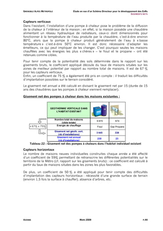 G R E N O B L E A L PE S M E T R O P O L E                   Etude en vue d’un Schéma Directeur pour le développement des EnRs
                                                                                                                G I S EM ENT S NE TS


Capteurs verticaux
Dans l’existant, l’installation d’une pompe à chaleur pose le problème de la diffusion
de la chaleur à l’intérieur de la maison ; en effet, si la maison possède une chaudière
alimentant un réseau hydraulique de radiateurs, ceux-ci dont dimensionnés pour
fonctionner à la température de l’eau produite par la chaudière, c’est-à-dire environ
80°C, alors que la pompe à chaleur produit généralement de l’eau à « basse
température » c’est-à-dire 50°C environ. Il est donc nécessaire d’adapter les
émetteurs, ce qui peut impliquer de les changer. C’est pourquoi seules les maisons
chauffées avec les énergies les plus « chères » – le fioul et le propane – ont été
retenues comme cibles.

Pour tenir compte de la potentialité des sols déterminée dans le rapport sur les
gisements bruts, le coefficient appliqué découle du taux de maisons situées sur les
zones de meilleur potentiel par rapport au nombre total de maisons. Il est de 67 %
pour les capteurs verticaux.
Enfin, un coefficient de 75 % a également été pris en compte : il traduit les difficultés
d’implantation possibles sur le terrain considéré.

Le gisement net annuel a été calculé en divisant le gisement net par 15 (durée de 15
ans des chaudières que les pompes à chaleur viennent remplacer).

Gisement net des pompes à chaleur dans les maisons existantes :


                                      GEOTHERMIE VERTICALE DANS
                                          L'HABITAT EXISTANT


                                             Nombre total de maisons
                                                                                   6 870             674
                                                  (cible totale)
         x 67% x 75%                          Energie de chauffage
                                                                                   Fioul        Gaz Propane
                                             Gisement net géoth. vert.
                                                                                   3 445            338
                                                (nb d'installations)
                                               Gisement net annuel
                                                                                    230              23
                                                (nb d'installations)
         Tableau 22 : Gisement net des pompes à chaleurs dans l’habitat individuel existant

Capteurs horizontaux
Le nombre de maisons neuves individuelles construites chaque année a été affecté
d’un coefficient de 59% permettant de retranscrire les différentes potentialités sur le
territoire de la Métro (cf. rapport sur les gisements bruts) : ce coefficient est calculé à
partir du taux de maisons situées dans les zones les plus favorables.

De plus, un coefficient de 50 % a été appliqué pour tenir compte des difficultés
d’implantation des capteurs horizontaux : nécessité d’une grande surface de terrain
(environ 1,5 fois la surface à chauffer), absence d’arbres, etc.




AXENNE                                                             MARS 2009                                                   P.44
 