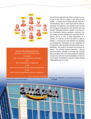 18
This end-to-end approach also offers a solution to a ma-
jor part of the criticism of Agile: it was said to be less
reliable — a cowboy way to handle software. Because a
multidisciplinary team is made responsible for both de-
velopment and operation, the developers feel the pain
when things go wrong operation-wise (and the other way
around). The DevOps teams (or ‘squads’, if you like) con-
sist of architects, security specialists, marketers, tes-
ters, support services, infrastructure specialists and cus-
tomers. This is, in fact, a whole organization in a
nutshell, or a startup. So the extra added to Agile by
DevOps, is removing the walls between the operation
and development.22
Developers are now responsible for
the operation, which promotes entrepreneurship and re-
sponsibility. This results in the speed and customer ob-
session — the ultimate customer experience — that we
referred to before, although at a far lower risk. The days
when everybody had to be ready during the weekend,
because some software was being deployed, will then be
over for good. To illustrate the contrast: Amazon realizes
1,000 deployments in an hour.
22	In fact, all stakeholders are involved (see the picture on
this page).
dev
arch
sec
cust
supp
ops
test
ext
Amazon May Deployment Stats
(production hosts  environments only)
11.6 seconds
Mean time between deployments (weekday)
1,079
Max # of deployments in single hour
10,000
Mean # of hosts simultaneously receiving a deployment
30,000
Max # of hosts simultaneously receiving a deployment
Source: John Jenkins, Amazon.com
Amazon's statistics for product releases
 