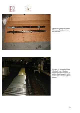 Après avoir démonté les flasques
j’ai pu retirer l’axe d’entrée sans
outil particulier.




Puis après j’ai pu retirer la chaine
(12 mètres). Avec l’aide d’un
tournevis pour pouvoir enlever un
maillon. (Sur cette photo je vérifie
si la nouvelle chaine est à la bonne
longueur).




                                 25
 