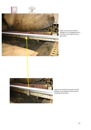 Après avoir retiré les rails de
        guidage je lé est remplacé par les
        nouveaux avec l’aide de clé six
        pans creux.




Après avoir monté les nouveaux rails de
guidage j’ai pu entamer le processus de
remontage de la chaine :




                                      27
 