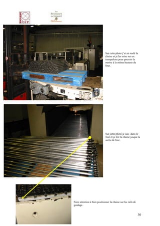 Sur cette photo j’ai en roulé la
                               chaine et je les mise sur un
                               transpalette pour pouvoir la
                               mettre à la même hauteur du
                               four.




                               Sur cette photo je suis dans le
                               four et je tire la chaine jusque la
                               sortis de four.




Faire attention à bien positionner la chaine sur les rails de
guidage.


                                                                30
 