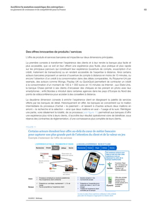 49
Accélérer la mutation numérique des entreprises :
un gisement de croissance et de compétitivité pour la France 
Des offres innovantes de produits / services
L’offre de produits et services bancaires est impactée sur deux dimensions principales.
La première consiste à transformer l’expérience des clients et à leur rendre la banque plus facile et
plus accessible, que ce soit en leur offrant une expérience plus fluide, plus pratique et plus rapide
sur les principaux parcours qui constituent leur expérience (ouverture de compte, souscription d’un
crédit, traitement de transactions) ou en rendant accessible de l’expertise à distance. Ainsi certains
acteurs bancaires proposent un service d’ouverture de compte à distance en moins de 10 minutes, ou
encore l’obtention d’un crédit à la consommation dans des délais comparables. Au Royaume-Uni par
exemple, des acteurs comme Wonga, Payday UK ou QuickQuid permettent de contracter un crédit
à la consommation d’un montant de 100 à 1 000 euros en 15 minutes via Internet ; aux Etats-Unis,
la banque Chase permet à ses clients d’encaisser des chèques en les prenant en photo avec leur
smartphones ; enfin,Nordea a introduit dans certaines agences dans les pays d’Europe du Nord des
points de vidéoconférence pour accéder à des conseillers à distance.
La deuxième dimension consiste à enrichir l’expérience client en élargissant la palette de services
offerts par les banques de détail. Historiquement en effet, les banques se concentrent sur le maillon
intermédiaire du processus d’achat – le paiement – et laissent à d’autres acteurs deux maillons en
amont – la recherche et la sélection – ainsi que deux maillons en aval – l’usage et le suivi. Réintégrer
une partie, voire idéalement la totalité, de ce processus (voir figure 11) permettrait aux banques d’offrir
une expérience plus riche à leurs clients, d’accroître leur résultat opérationnel voire de bénéficier, sous
réserve des contraintes de règlementation, d’une connaissance plus complète de leurs clients.
Exemple d’extension de l’offre de services
La mise en place d’une expérience utilisateur riche et fluide
peut aider les banques à s’approprier la relation client
Bande-annonce
de film
Réservation de
places de cinéma
Paiement et obtention
des places
Banque
Client
Banque
L’EXPERIENCE ACTUELLE : FRAGMENTÉE ET RIGIDE LA NOUVELLE EXPÉRIENCE : RICHE ET FLUIDE
SuivreUtiliserPayerChoisirRechercher SuivreUtiliserPayerChoisirRechercher
▪ Processus compliqué sur plusieurs plateformes
▪ Pas d’expérience client cohérente
▪ Présente sur une étape, représentant 1 - 2 % de
marge
▪ Pas de propriété sur l’expérience client
▪ Présente sur l’ensemble de la
chaîne de valeur (+ de 5 % de
marge)
▪ Totalité de l’expérience client
contrôlée par la banque
▪ Solution simple à 1 clic
▪ Connectivité sociale
Fonctions Near
Me (renseigne sur
la localisation) et
Shake it Up
(bonnes affaires)
Offre des remises
personnalisées
fondées sur les
achats passés et la
localisation
actuelle
De nombreux acteurs sont
déjà en train de créer cette
expérience riche en
dépassant le cadre de la
banque traditionnelle
Banque
Certains acteurs étendent leur offre au-delà du cœur de métier bancaire
pour capturer une plus grande part de l’attention du client et de la valeur en jeu
SOURCE : McKinsey
FIGURE 11
 