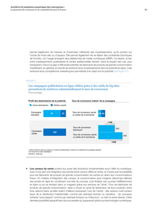 61
Accélérer la mutation numérique des entreprises :
un gisement de croissance et de compétitivité pour la France 
permet également de mesurer et d’optimiser l’efficacité des investissements, qu’ils portent sur
l’achat de mots-clés ou d’espace. Elle permet également de se libérer des contraintes techniques
de formats, via l’usage émergent des plateformes de média numériques (DMP). Ce faisant, le lien
entre investissements publicitaires et ventes additionnelles devient, dans la plupart des cas, plus
transparent. Face à ce gain d’efficacité potentiel, les fabricants de produits de grande consommation
manifestent, en général, la volonté de renforcer leurs investissements dans la publicité en ligne, mais
renforcer leurs compétences marketing leur permettrait d’en saisir tout le potentiel (voir figure 17).
Les campagnes publicitaires en ligne ciblées grâce à des outils de big data
permettent de renforcer substantiellement le taux de conversion
Pourcentage
75 25
Campagne
standard
100
Campagne
ciblée
Profil des destinataires de la publicité Taux de conversion indexé1 de la campagne
40 60
Taux de conversion après
un pilote de 6 semaines
350
240
Taux de conversion
théorique2
Taux de conversion après
un pilote de 6 semaines
+140
+250
SOURCE : McKinsey
1 Ratio d’achat en ligne par rapport au nombre de destinataires, indexé sur le résultat de la campagne standard
2 En fonction de notre modélisation
Autres destinataires Meilleur quartile
FIGURE 17
ƒƒ Les canaux de vente suivent eux aussi des évolutions fondamentales sous l’effet du numérique,
avec d’une part une intégration plus étroite entre canaux offline et online, et d’autre part la possibilité
pour les fabricants de produits de grande consommation de vendre en direct aux consommateurs
finaux. En matière d’intégration des canaux, le consommateur peut imaginer désormais débuter
ses achats en ligne en constituant une liste de courses, puis finaliser ses courses indifféremment
en ligne ou en se rendant dans un magasin grâce aux services de drive. Pour les fabricants de
produits de grande consommation, reste à choisir le canal de distribution de leurs produits, entre
trois options (sans qu’elles soient d’ailleurs exclusives l’une de l’autre) : des acteurs multi-canaux
issus de la distribution traditionnelle, comme par exemple Auchan ou Carrefour ; de nouveaux
entrants pure players comme par exemple Amazon ou Cdiscount ; ou bien la vente directe. Cette
dernière possibilité apparaît bien plus accessible qu’auparavant grâce aux technologies numériques,
 