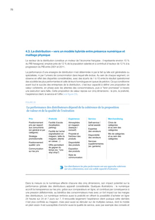 70
4.3. La distribution – vers un modèle hybride entre présence numérique et
maillage physique
Le secteur de la distribution constitue un moteur de l’économie française : il représente environ 10 %
du PIB hexagonal, emploie près de 12 % de la population salariée et a contribué à hauteur de 12 % à la
progression du PIB entre 2001 et 2011.
La performance d’une enseigne de distribution n’est déterminée ni par le fait qu’elle soit généraliste ou
spécialisée, ni par l’univers de consommation dans lequel elle évolue. Au sein de chaque segment, on
observe en effet des disparités considérables, avec des écarts de 1 à 10 entre le résultat opérationnel
des sociétés les plus performantes et celle de leurs homologues en queue de peloton. Ce qui conditionne
avant tout le succès des entreprises de la distribution, c’est leur capacité à définir une proposition de
valeur cohérente, en phase avec les attentes des consommateurs, puis à tenir promesse à travers
une exécution sans faille. Cette proposition de valeur repose sur cinq dimensions : le prix, la praticité,
l’expérience client, le service et l’offre (voir figure 20).
Les distributeurs les plus performants ont une approche cohérente
sur ces 5 dimensions, avec une solide capacité d'exécution
La performance des distributeurs dépend de la cohérence de la proposition
de valeur et de la qualité de l’exécution
Prix
Positionnement
prix par rapport
aux concurrents
(en général et par
catégorie)
Stratégie
promotionnelle
Positionnement
qualité / prix
Communication
sur les prix
Praticité
Facilité d’accès
(localisation,
parking)
Facilité de l’achat
(signalisation en
magasin, taille du
magasin, attente
en caisse…)
Offre permettant
de gagner du
temps (ex. one-
stop shop)
Expérience
Atmosphère
en magasin
(basique /
exclusif)
Propreté et
fraîcheur des
produits
Disponibilité
des produits
Exposition
des produits
Style de
communication
Service
Self-service /
achat assisté
Expertise
des vendeurs
Disponibilité
des vendeurs
Services
supplémentaires
(ex. garderie)
Merchandising
Choix de
catégories
et au sein des
catégories
Mix de catégories
et au sein des
catégories
FIGURE 20
Dans la mesure où le numérique affecte chacune des cinq dimensions, son impact potentiel sur la
performance globale des distributeurs apparaît considérable. Quelques illustrations  :  le numérique
accroît la transparence sur les prix, grâce aux comparateurs en ligne, et contribue par conséquence à
une pression déflationniste, au bénéfice des consommateurs mais avec un fort impact sur les marges
des distributeurs. Le numérique renforce aussi la praticité en offrant la possibilité d’acheter en ligne
24 heures sur 24 et 7 jours sur 7. Il renouvelle largement l’expérience client puisque cette dernière
n’est plus confinée au magasin, mais peut aussi se dérouler sur de multiples canaux, dont le mobile
en plein essor. Il est susceptible d’enrichir aussi la qualité de service, avec par exemple des conseils et
 