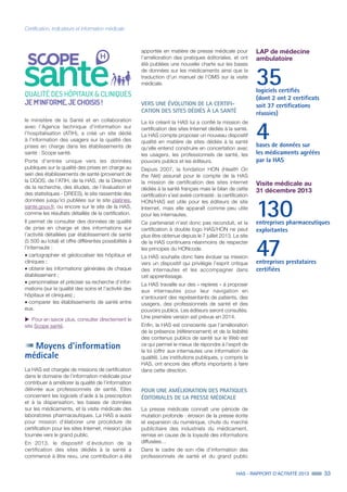 HAS - RAPPORT D’ACTIVITÉ 2013 33
LAP de médecine
ambulatoire
35logiciels certifiés
(dont 2 ont 2 certificats
soit 37 certifications
réussies)
4bases de données sur
les médicaments agréées
par la HAS
Visite médicale au
31 décembre 2013
130entreprises pharmaceutiques
exploitantes
47entreprises prestataires
certifiées
Certification, indicateurs et information médicale
QUALITÉ DES HÔPITAUX  CLINIQUES
JEM’INFORME, JECHOISIS!
le ministère de la Santé et en collaboration
avec l’Agence technique d’information sur
l’hospitalisation (ATIH), a créé un site dédié
à l’information des usagers sur la qualité des
prises en charge dans les établissements de
santé : Scope santé.
Porte d’entrée unique vers les données
publiques sur la qualité des prises en charge au
sein des établissements de santé (provenant de
la DGOS, de l’ATIH, de la HAS, de la Direction
de la recherche, des études, de l’évaluation et
des statistiques - DREES), le site rassemble des
données jusqu’ici publiées sur le site platines.
sante.gouv.fr, ou encore sur le site de la HAS,
comme les résultats détaillés de la certification.
Il permet de consulter des données de qualité
de prise en charge et des informations sur
l’activité détaillées par établissement de santé
(5 500 au total) et offre différentes possibilités à
l’internaute :
˜	cartographier et géolocaliser les hôpitaux et
cliniques ;
˜	obtenir les informations générales de chaque
établissement ;
˜	personnaliser et préciser sa recherche d’infor-
mations (sur la qualité des soins et l’activité des
hôpitaux et cliniques) ;
˜	comparer les établissements de santé entre
eux.
uu Pour en savoir plus, consulter directement le
site Scope santé.
Moyens d'information
médicale
La HAS est chargée de missions de certification
dans le domaine de l’information médicale pour
contribuer à améliorer la qualité de l’information
délivrée aux professionnels de santé. Elles
concernent les logiciels d’aide à la prescription
et à la dispensation, les bases de données
sur les médicaments, et la visite médicale des
laboratoires pharmaceutiques. La HAS a aussi
pour mission d’élaborer une procédure de
certification pour les sites Internet, mission plus
tournée vers le grand public.
En 2013, le dispositif d’évolution de la
certification des sites dédiés à la santé a
commencé à être revu, une contribution a été
apportée en matière de presse médicale pour
l’amélioration des pratiques éditoriales, et ont
été publiées une nouvelle charte sur les bases
de données sur les médicaments ainsi que la
traduction d’un manuel de l’OMS sur la visite
médicale.
VERS UNE ÉVOLUTION DE LA CERTIFI-
CATION DES SITES DÉDIÉS À LA SANTÉ
La loi créant la HAS lui a confié la mission de
certification des sites Internet dédiés à la santé.
La HAS compte proposer un nouveau dispositif
qualité en matière de sites dédiés à la santé
qu’elle entend construire en concertation avec
les usagers, les professionnels de santé, les
pouvoirs publics et les éditeurs.
Depuis 2007, la fondation HON (Health On
the Net) assurait pour le compte de la HAS
la mission de certification des sites internet
dédiés à la santé français mais le bilan de cette
certification s’est avéré contrasté : la certification
HON/HAS est utile pour les éditeurs de site
Internet, mais elle apparaît comme peu utile
pour les internautes.
Ce partenariat n’est donc pas reconduit, et la
certification à double logo HAS/HON ne peut
plus être obtenue depuis le 7 juillet 2013. Le site
de la HAS continuera néanmoins de respecter
les principes du HONcode.
La HAS souhaite donc faire évoluer sa mission
vers un dispositif qui privilégie l’esprit critique
des internautes et les accompagner dans
cet apprentissage.
La HAS travaille sur des « repères » à proposer
aux internautes pour leur navigation en
s’entourant des représentants de patients, des
usagers, des professionnels de santé et des
pouvoirs publics. Les éditeurs seront consultés.
Une première version est prévue en 2014.
Enfin, la HAS est consciente que l’amélioration
de la présence (référencement) et de la lisibilité
des contenus publics de santé sur le Web est
ce qui permet le mieux de répondre à l’esprit de
la loi (offrir aux internautes une information de
qualité). Les institutions publiques, y compris la
HAS, ont encore des efforts importants à faire
dans cette direction.
POUR UNE AMÉLIORATION DES PRATIQUES
ÉDITORIALES DE LA PRESSE MÉDICALE
La presse médicale connaît une période de
mutation profonde : érosion de la presse écrite
et expansion du numérique, chute du marché
publicitaire des industriels du médicament,
remise en cause de la loyauté des informations
diffusées…
Dans le cadre de son rôle d’information des
professionnels de santé et du grand public
 