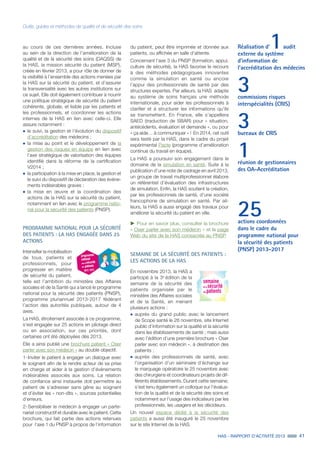 HAS - RAPPORT D’ACTIVITÉ 2013 41
Outils, guides et méthodes de qualité et de sécurité des soins
Réalisation d’1audit
externe du système
d’information de
l’accréditation des médecins
3commissions risques
interspécialités (CRIS)
3bureaux de CRIS
1réunion de gestionnaires
des OA-Accréditation
25actions coordonnées
dans le cadre du
programme national pour
la sécurité des patients
(PNSP) 2013-2017
au cours de ces dernières années. Incluse
au sein de la direction de l’amélioration de la
qualité et de la sécurité des soins (DAQSS) de
la HAS, la mission sécurité du patient (MSP),
créée en février 2013, a pour rôle de donner de
la visibilité à l’ensemble des actions menées par
la HAS sur la sécurité du patient, et d’assurer
la transversalité avec les autres institutions sur
ce sujet. Elle doit également contribuer à nourrir
une politique stratégique de sécurité du patient
cohérente, globale, et lisible par les patients et
les professionnels, et coordonner les actions
internes de la HAS en lien avec celle-ci. Elle
assure notamment :
˜	le suivi, la gestion et l’évolution du dispositif
d’accréditation des médecins ;
˜	la mise au point et le développement de la
gestion des risques en équipe en lien avec
l’axe stratégique de valorisation des équipes
identifié dans la réforme de la certification
V2014 ;
˜	la participation à la mise en place, la gestion et
le suivi du dispositif de déclaration des événe-
ments indésirables graves ;
˜	la mise en œuvre et la coordination des
actions de la HAS sur la sécurité du patient,
notamment en lien avec le programme natio-
nal pour la sécurité des patients (PNSP).
PROGRAMME NATIONAL POUR LA SÉCURITÉ
DES PATIENTS : LA HAS ENGAGÉE DANS 25
ACTIONS
Intensifier la mobilisation
de tous, patients et
professionnels, pour
progresser en matière
de sécurité du patient,
telle est l’ambition du ministère des Affaires
sociales et de la Santé qui a lancé le programme
national pour la sécurité des patients (PNSP),
programme pluriannuel 2013-2017 fédérant
l’action des autorités publiques, autour de 4
axes.
La HAS, étroitement associée à ce programme,
s’est engagée sur 25 actions en pilotage direct
ou en association, sur ces priorités, dont
certaines ont été déployées dès 2013.
Elle a ainsi publié une brochure patient « Oser
parler avec son médecin » au double objectif.
1- Inviter le patient à engager un dialogue avec
le soignant afin de le rendre acteur de sa prise
en charge et aider à la gestion d’événements
indésirables associés aux soins. La relation
de confiance ainsi instaurée doit permettre au
patient de s’adresser sans gêne au soignant
et d’éviter les « non-dits », sources potentielles
d’erreurs.
2- Sensibiliser le médecin à engager un parte-
nariat constructif et durable avec le patient. Cette
brochure, qui fait partie des actions retenues
pour l’axe 1 du PNSP à propos de l’information
du patient, peut être imprimée et donnée aux
patients, ou affichée en salle d’attente.
Concernant l’axe 3 du PNSP (formation, appui,
culture de sécurité), la HAS favorise le recours
à des méthodes pédagogiques innovantes
comme la simulation en santé ou encore
l’appui des professionnels de santé par des
structures expertes. Par ailleurs, la HAS adapte
au système de soins français une méthode
internationale, pour aider les professionnels à
clarifier et à structurer les informations qu’ils
se transmettent. En France, elle s’appellera
SAED (traduction de SBAR) pour « situation,
antécédents, évaluation et demande », ou pour
« ça aide… à communiquer » ! En 2014, cet outil
sera testé par la HAS, dans le cadre du projet
expérimental Pacte (programme d’amélioration
continue du travail en équipe).
La HAS a poursuivi son engagement dans le
domaine de la simulation en santé. Suite à la
publication d’une note de cadrage en avril 2013,
un groupe de travail multiprofessionnel élabore
un référentiel d’évaluation des infrastructures
de simulation. Enfin, la HAS soutient la création,
par les professionnels de santé, d’une société
francophone de simulation en santé. Par ail-
leurs, la HAS a aussi engagé des travaux pour
améliorer la sécurité du patient en ville.
uu Pour en savoir plus, consulter la brochure
« Oser parler avec son médecin » et la page
Web du site de la HAS consacrée au PNSP.
SEMAINE DE LA SÉCURITÉ DES PATIENTS :
LES ACTIONS DE LA HAS
En novembre 2013, la HAS a
participé à la 3e
édition de la
semaine de la sécurité des
patients organisée par le
ministère des Affaires sociales
et de la Santé, en menant
plusieurs actions :
˜	auprès du grand public avec le lancement
de Scope santé le 28 novembre, site Internet
public d’information sur la qualité et la sécurité
dans les établissements de santé ; mais aussi
avec l'édition d’une première brochure « Oser
parler avec son médecin », à destination des
patients ;
˜	auprès des professionnels de santé, avec
l’organisation d’un séminaire d’échange sur
le marquage opératoire le 25 novembre avec
des chirurgiens et coordinateurs projets de dif-
férents établissements. Durant cette semaine,
s’est tenu également un colloque sur l’évalua-
tion de la qualité et de la sécurité des soins et
notamment sur l’usage des indicateurs par les
professionnels, les usagers et les décideurs.
Un nouvel espace dédié à la sécurité des
patients a aussi été inauguré le 25 novembre
sur le site Internet de la HAS.
 
