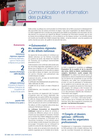 50 HAS - RAPPORT D’ACTIVITÉ 2013
Communication et information
des publics
Événements
2événements
régionaux organisés
rencontres régionales :
Lyon le 7 février 2013
et Nantes le 6 juin 2013
2réunions d’échanges
URPS ML/HAS
2colloques nationaux
Innovation et dispositifs
médicaux, Évaluation de
la qualité et de
la sécurité des soins
1journée HAS
« les femmes et la santé »
Cette année, la politique de communication et d’information de la HAS a poursuivi le développement
des rencontres avec les acteurs de terrain en région, mais aussi l’organisation de débats nationaux.
La HAS a également tenu à rendre ses productions plus lisibles et accessibles via la rénovation de son
site Internet, et a poursuivi son objectif de diffusion numérique de l’information produite, que ce soit
au travers de sa politique éditoriale ou de sa présence sur les réseaux sociaux. Les activités presse
ont montré une nouvelle fois l’intérêt croissant des médias – et de leur lectorat – pour les questions de
santé, d’accès aux soins, de qualité et de sécurité des soins.
Événementiel :
des rencontres régionales
et des débats nationaux
Se rapprocher de ses publics et contribuer aux
débats nationaux sur les thèmes d’actualité
du système de santé, tels étaient les objectifs
de l’évolution de la politique événementielle
amorcée en 2012.
Cette évolution s’est confirmée cette année avec
les rencontres régionales organisées à Lyon en
février puis à Nantes en juin. Articulées autour
d'une séance plénière sur la sécurité du patient
et les défis à relever en région, ces rencontres
ont permis d’étudier plus précisément des
problématiques actuelles :
˜	parcours de soins, un enjeu de transformation
pour la ville et l'hôpital ;
˜	certification des établissements de santé et nou-
velles méthodes de visite ;
˜	qualité de vie au travail, un enjeu d’équipe (à
Lyon) ;
˜	télémédecine, une innovation à maîtriser (à
Nantes).
Ces rencontres ont également été l’occasion
d’organiser avec les unions régionales des
professionnels de santé (URPS) des échanges
la veille de chaque événement sur des thèmes
tels que la coopération entre professionnels de
santé, les parcours de soins ou la télémédecine.
Par ailleurs, la HAS a organisé cette année deux
colloques thématiques nationaux.	
Le colloque Innovation et dispositifs
médicaux organisé au Sénat en octobre a
mobilisé les différents acteurs de ce secteur
d'avenir pour les patients et l'industrie. Introduit
par la ministre Fleur Pellerin déléguée aux petites
et moyennes entreprises, à l'innovation et à
l'économie numérique, il s'est articulé autour
de trois tables rondes évoquant les pistes pour
encourager l'innovation tout en renforçant la
qualité et la sécurité des dispositifs médicaux.
Dans le cadre de la semaine de la sécurité des
patients organisée par le ministère de la Santé,
la HAS a organisé en novembre un colloque
Évaluation de la qualité et de la sécurité
des soins, dédié au thème : professionnels,
usagers, décideurs : quels usages des
indicateurs ? Ce débat s’est articulé autour de
présentations, retours d’expériences et échanges
qui ont permis de comprendre ce que sont les
indicateurs, leur utilité, leur complémentarité,
et ainsi, en quoi ils participent à l’amélioration
de la qualité et de la sécurité des soins, à la
régulation du système de santé et à l’information
des usagers. Ce colloque a été l’occasion de
lancer le site Internet « Scope santé », qui répond
à l’un des principaux objectifs des indicateurs :
l’information des usagers.
La Haute Autorité de santé a également participé
à l’opération « Le 8 mars, c’est toute l’année »
mise en place par le ministère des Droits des
Femmes. Ainsi, elle a organisé en novembre une
journée « les femmes et la santé ».
uu Pour en savoir plus, consulter la page « Événe-
ments » du site Internet de la HAS.
Congrès et dossiers
spéciaux : différents
liens avec les organismes
professionnels
Parallèlement à l’organisation d’événements,
la HAS participe à des congrès nationaux tels
que les Journées françaises de radiologie, le
 