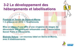 3-2 Le développement des
hébergements et labellisations
Produits et Terroir de Seine-et-Marne
+ 2 artisans en 2012 = 73 adhérents
Mise en place d’une offre d’une vingtaine de stages de
découverte des pratiques artisanales avec l’association
Savoir Faire et Découverte.
Bistrots Nature : un nouveau label en Seine-et-Marne,
avec 6 établissements
 