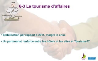 6-3 Le tourisme d’affaires
• Stabilisation par rapport à 2011, malgré la crise
• Un partenariat renforcé entre les hôtels et les sites et Tourisme77
 