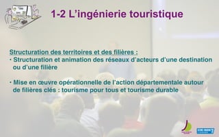1-2 L’ingénierie touristique
Structuration des territoires et des ﬁlières :
• Structuration et animation des réseaux dʼacteurs dʼune destination
ou dʼune ﬁlière
• Mise en œuvre opérationnelle de lʼaction départementale autour
de ﬁlières clés : tourisme pour tous et tourisme durable
 