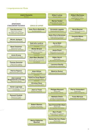 L’organigramme de l’École


                         André Chomette                                               Gilbert Lainey                  Gilbert Martineau


                                                                                     Marion Tondut




    Yvon Kermarrec                             Jean-Pierre Belleudy               Christelle Lagadec                     Hervé Bouvier
                                   Directeur                                            Directeur adjoint               Délégué du directeur
                                                                                                                       Responsable du campus
                                                                                                                             de Rennes




                                                                                Alain-Pierre Derennes
                                                                                                                        Corentin Ménec
                                                                                 Responsable des ressources
                                                                                    humaines et qualité




     Michel Jézéquel

                                                Gabrielle Landrac                       Hervé Rétif
      Département Logique                           Secrétaire général             Responsable des finances          Responsable du pôle service
  des usages, sciences sociales                                                                                              technique




     Basel Solaiman
   et sciences de l’information




                                                   Michel Briand
                                                                                       Annie Picart
                                                                                  Responsable de l’évolution
                                                                                   et du suivi du patrimoine                Responsable
                                                                                                                       du pôle service intérieur




       Annie Gravey
   Département Électronique




                                               Jean-Marc Boucher                       Didier Hervé
                                                Directrice de la formation               Responsable
                                                                                     du service des études




   Thomas Semmler
       Département Image
  et traitement de l’information




                                                                                   Laurence Douilly
                                           Directeur adjoint de la formation
                                                Délégué aux nouvelles            Responsable de la formation
                                                     technologies                 d’ingénieur en partenariat




     Patrice Pajusco
   Département Informatique




                                                    Alain Hillion                   Béatrice Dumur
                                           Directeur adjoint de la formation             Responsable
                                            Responsable des programmes           des relations internationales
      DÉPARTEMENTS




                                                     de mastères




                                           Godefroy Dang Nguyen
D’ENSEIGNEMENT-RECHERCHE                        SERVICES DE SUPPORT




     Jean-Louis de
     Département Langues




 Bougrenet de la Tocnaye
    et culture internationale
                                                                                Responsable de la bibliothèque




                                                  Christian Roux
   Département Micro-ondes




    Xavier Lagrange
                                                  Directeur scientifique        Adjointe au directeur scientifique




                                                   Jean Le Traon                   Philippe Mussard                  Pierre Trémenbert
                                               Directeur scientifique adjoint




    Ramesh Pyndiah
      Département Optique




                                                                                    Nathalie Chelin                     Yvane Méresse
                                               Directeur scientifique adjoint


 Département Réseaux, sécurité
        et multimédia




                                                  Robert Rannou                 Jean-François Berréhare
                                                  Directeur entreprises                   Responsable                        Responsable
                                                                                   de la formation continue          de la création d’entreprises


      Département Signal




                                                                                       Marc Fradin
      et communications                                                           Chargée de développement           Responsable de la valorisation
                                                                                  des stages et apprentissage




                                                                                Denise Derrien-Peden
                                                 Directeur informatique




                                                 Marie-Catherine
                                                                                         Responsable
                                                et systèmes d’information




                                                    Mouchot
                                                                                 de la logistique informatique



                                                                                 Responsable de la logistique
                                                                                   informatique - Rennes



                                                                                         Responsable
                                                                                  des systèmes d’information
                                           Directrice de la communication



                                                                                                                                                      33
 