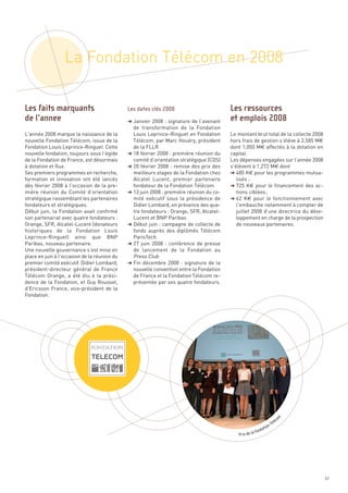 La Fondation Télécom en 2008


                                              § Janvier 2008 : signature de l’avenant
                                                de transformation de la Fondation
L’année 2008 marque la naissance de la          Louis Leprince-Ringuet en Fondation      Le montant brut total de la collecte 2008
nouvelle Fondation Télécom, issue de la         Télécom, par Marc Houéry, président      hors frais de gestion s’élève à 2,585 M€
Fondation Louis Leprince-Ringuet. Cette         de la FLLR                               dont 1,050 M€ affectés à la dotation en
nouvelle fondation, toujours sous l’égide     § 18 février 2008 : première réunion du    capital.
de la Fondation de France, est désormais        comité d’orientation stratégique (COS)   Les dépenses engagées sur l’année 2008
à dotation et flux.                           § 20 février 2008 : remise des prix des    s’élèvent à 1,272 M€ dont
Ses premiers programmes en recherche,           meilleurs stages de la Fondation chez    § 485 K€ pour les programmes mutua-
formation et innovation ont été lancés          Alcatel Lucent, premier partenaire          lisés ;
dès février 2008 à l’occasion de la pre-        fondateur de la Fondation Télécom        § 725 K€ pour le financement des ac-
mière réunion du Comité d’orientation         § 13 juin 2008 : première réunion du co-      tions ciblées ;
stratégique rassemblant les partenaires         mité exécutif sous la présidence de      § 62 K€ pour le fonctionnement avec
fondateurs et stratégiques.                     Didier Lombard, en présence des qua-        l’embauche notamment à compter de
Début juin, la Fondation avait confirmé         tre fondateurs : Orange, SFR, Alcatel-      juillet 2008 d’une directrice du déve-
son partenariat avec quatre fondateurs :        Lucent et BNP Paribas                       loppement en charge de la prospection
Orange, SFR, Alcatel-Lucent (donateurs        § Début juin : campagne de collecte de        de nouveaux partenaires.
historiques de la Fondation Louis               fonds auprès des diplômés Télécom
Leprince-Ringuet) ainsi que BNP                 ParisTech
Paribas, nouveau partenaire.                  § 27 juin 2008  : conférence de presse
Une nouvelle gouvernance s’est mise en          de lancement de la Fondation au
place en juin à l’occasion de la réunion du     Press Club
premier comité exécutif. Didier Lombard,      § Fin décembre 2008  : signature de la
président-directeur général de France           nouvelle convention entre la Fondation
Les faits marquants                                                                      Les ressources




Télécom Orange, a été élu à la prési-           de France et la Fondation Télécom re-
                                              Les dates clés 2008




dence de la Fondation, et Guy Roussel,          présentée par ses quatre fondateurs.
de l’annee                                                                               et emplois 2008




d’Ericsson France, vice-président de la
Fondation.
                                                                                                                        m




                                                                                                                            co
                                                                                                                      élé
                                                                                                                    nT
                                                                                                                atio
                                                                                                         Fond
                                                                                            Prix de la




                                                                                                                                     67
 