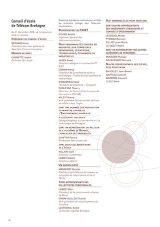 HUIT MEMBRES ÉLUS POUR TROIS ANS


                                           REPRÉSENTANT DU CGIET                     CHARGÉS D’ENSEIGNEMENT
                                           Quatorze membres nommés par arrêtés




     PRÉSIDENT DU CONSEIL D’ÉCOLE
                                           du ministre chargé des Télécom-
                                           munications :




                                           NEUF PERSONNALITÉS CHOISIES EN
     Au 31 décembre 2008, sa composition
                                                                                     DONT QUATRE REPRÉSENTANTS




                                           PÉDAGOGIQUE, SCIENTIFIQUE,
     était la suivante :                   PICARD Robert
                                                                                     DES ENSEIGNANTS CHERCHEURS ET


                                           Ingénieur général des
                                                                                     JEZEQUEL Michel




     MEMBRE DE DROIT                       TECHNOLOGIQUE, ÉCONOMIQUE OU
                                           télécommunications
                                                                                     PYNDIAH Ramesh
     BERNARD Alain                                                                   GILLIOT Jean-Marie
     Président directeur général de                                                  LE SAOUT André




                                                                                     QUATRE REPRÉSENTANTS DES ÉLÈVES,
     New York Finance Innovation
                                           RAISON DE LEUR COMPÉTENCE
                                                                                     DONT UN REPRÉSENTANT DES AUTRES


     CHOMETTE André                                                                  MUSSARD Philippe
     Directeur de l’école
                                                                                     CATÉGORIES DE PERSONNEL


                                           SADEK David                               GOURVENNEC Bernard
                                           Directeur délégué à la recherche FT
                                           INDUSTRIELLE



                                           R&D
                                           ERMAN Marco
                                           Directeur de la recherche et de la        BAUDELET Jean-Benoît
                                           technologie -Thalès division système et
                                                                                     ÉLUS POUR UN AN


                                                                                     GAUVILLE Sullivan
                                           interarmées                               GOURDON Edouard
                                           GIRAUDON Arnaud                           LLEU Céline
                                           Président du directoire – Suravanir
                                           DUQUESNE Thierry
                                           Directeur du Centre d’électronique de
                                           l’armement (CELAR)




                                           L’ENSEIGNEMENT SUPÉRIEUR
                                           MILEO Thierry
     Conseil d’école




                                           Vice-président Global market télécom
                                           et média – Atos Origin
     de Télécom Bretagne




                                           DE L’ACADÉMIE DE RENNES,
                                           DONT UNE NOMMÉE SUR PROPOSITION
                                           DU MINISTRE CHARGÉ DE


                                           HAUSSONNE Jean Marie
                                           Délégué régional à la recherche et à la
                                           technologie de Bretagne




                                           DE L’ÉCOLE
                                           DONT UN REPRÉSENTANT DU RECTEUR



                                           QUINTON Patrice
                                           Professeur des universités
                                           CHANCELIER DES UNIVERSITÉS




                                           UN ANCIEN ÉLÈVE
                                           DONT DEUX COLLABORATEURS


                                           HILLION Alain
                                           Directeur scientifique
                                           LAINEY Gilbert
                                           Directeur adjoint




                                           TROIS REPRÉSENTANTS DES
                                           MANGENOT Nicolas
                                           Chef de projet Télécom & réseaux au
                                           ministère de l’Agriculture et de la
                                           Pêche



                                           LABBEY Marc
                                           Président de la communauté urbaine
                                           COLLECTIVITÉS TERRITORIALES



                                           de Brest
                                           SIMON-GUILLOU Chantal
                                           Vice-président du conseil général du
                                           Finistère
                                           LESPAGNOL André
                                           Conseiller régional Bretagne


84
 