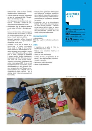 13
12pays participant au Raid VTT
Les chemins du soleil
550familles participant au défi
familles à énergie positive (FAEP)
8 376visiteurs sur 34 sites
pendant la Fête de la nature
– Participation à la cellule de veille et astreintes
liées aux conditions météorologiques.
– Suivi des dossiers de covoiturage, inaugurations
des aires de covoiturage à Etoile, Piégros-la-
Clastre. Newsletter écovoiturage.
– Informations presse sur les événements ponc-
tuels liés à la circulation : fermeture de route,
déviation temporaire, signalétique chantier.
– Environnement : suivi des opérations Familles à
énergie positive et Familles à alimentation posi-
tive.
– Espaces naturels sensibles : édition des supports
pour la 9e
Fête de la nature. Création d’outils pour
les manifestations extérieures : fond de stand,
banque d’accueil, kakemonos, éditions.
– Agriculture : organisation du Salon international
de l’agriculture. Suivi du projet d’application
mobile sur les circuits courts.
– Solidarités : en lien avec la direction de la
communication, la mission communication
interne prend en charge la communication
externe de la direction générale adjointe des soli-
darités. Campagnes de communication : nouveau
service en ligne ViaTrajectoire.fr, Semaine bleue
pour les seniors, campagne de recrutement
d’assistants familiaux, dispositif « bénévolat pour
les bénéficiaires du RSA ». Refonte du carnet de
santé enfant et du carnet de santé maternité.
Supports de communication pour les actions des
centres médico-sociaux (CMS) et des centres
locaux d’information et de coordina­tion pour les
personnes âgées (CLIC), pour l’accueil du public
sourd ou malentendant, pour l’allocation person-
nalisée d’autonomie, pour le dispositif « stop à la
maltraitance des adultes vulnérables », pour le
dépistage du sida et des infections sexuellement
transmissibles.
– Relations presse : gestion des relations presse
pour l’ensemble de la collectivité. Rédaction de
communiqués, de dossiers de presse, invitations,
relances, présence sur la plupart des manifesta-
tions organisées par le Département, pressbooks
thématiques.
– Photographies : suivi par les photographes de
l’actualité départementale, choix iconographique
des éditions print/web, reportages à la demande
pour le magazine La Drôme et pour les besoins
de la communication interne et d’autres services
(ENS, sports, éducation…). Mise en place d’une
nouvelle photothèque départementale.
Le magazine La Drôme
4 parutions par an.
Édition d’un supplément festivals et expositions de
l’été.
Divers
– 3 expositions sur les grilles de l’Hôtel du
Département (avec leurs livrets).
– Rédaction d’une soixantaine d’éditoriaux et
préfaces de livres.
– Gestion des objets promotionnels.
– Animation et mise à jour quotidiennes du site
Internet et de la page Facebook du Département,
newsletters mensuelles.
– Lancement du projet e-accessibilité.
– Gestion du marché affichage.
13
Brochure Mon année collège avec le Département
 