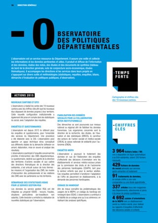 Cartographie et chiffres clés
des 19 nouveaux cantons.
- ACTIONS 2015
Nouveaux cantons et EPCI
L’observatoire a réalisé les cartes des 19 nouveaux
cantons avec les chiffres-clés afin que les nouveaux
élus disposent de données propres à leur territoire.
Cette nouvelle configuration institutionnelle a
également été prise en compte dans les statistiques
du social, avec l’adaptation des requêtes.
Enquêtes et questionnaires 
L’observatoire est depuis 2015 le référent pour
les enquêtes et questionnaires, pour l’ensemble
des services du Département. Une procédure
a été élaborée avec la DSI. L’observatoire peut
apporter un appui technique et/ou conceptuel
aux différents stades de la démarche (réflexion en
amont, élaboration, mise en œuvre et analyse des
résultats).
L’observatoire a participé à l’enquête concernant les
priorités d’intervention des CMS départementaux.
Le questionnaire, destiné aux agents de la direction
des territoires d’actions sociales et aux cadres
des directions thématiques de la direction des
solidarités, s’est articulé autour de trois thèmes :
les missions et l’organisation des CMS, les modes
d’intervention des professionnels et les relations
des CMS avec les partenaires sur les territoires.
Démarrage des statistiques IODAS
pour le service gestion RSA
Les données du service gestion RSA ont été
intégrées au progiciel IODAS : recours, fraudes,
situations particulières (ex-travailleurs non
salariés). Cette évolution a entraîné la réalisation de
nouvelles statistiques par l’observatoire.
BSERVATOIRE
DES POLITIQUES
DÉPARTEMENTALESO
Fiabilisation des données
sociales pour la collaboration
inter-institutionnelle
Des démarches se sont poursuivies aux niveaux
national ou régional afin de fiabiliser les données
transmises. Les organismes concernés sont la
direction de la recherche, des études, de l’éva-
luation et des statistiques (DREES), le carrefour
des acteurs de l’action sociale et médico-sociale
(CREAI), la caisse nationale de solidarité pour l’au-
tonomie (CNSA).
Enquêtes MDPH
L’observatoire a poursuivi le traitement des
données en vue de l’élaboration des enquêtes
d’effectivité des décisions d’orientation vers les
établissements et services médico-sociaux prises
par la commission des droits et de l’autonomie
des personnes handicapées (CDAPH), tant pour
le secteur enfants que pour le secteur adultes.
Ces enquêtes permettent d’améliorer l’adaptation
de l’offre de placement en établissements, à la
demande des personnes handicapées.
Codage du handicap
Afin de mieux connaître les problématiques des
usagers de la MDPH, un codage du handicap est
renseigné dans IODAS. L’observatoire a contribué à
la fiabilité de ce codage ainsi qu’à sa cohérence, en
réalisant des analyses spécifiques.
L’observatoire est un service ressource du Département. Il assure une veille et collecte
les informations et les données pertinentes et utiles. Il produit et diffuse de l’information
et des données, réalise des notes, des études et des documents de synthèse (tableau
de bord de la direction générale, note de conjoncture socio-économique, études
thématiques). Il accompagne les directions et les services dans leurs projets en
s’appuyant sur divers outils et méthodologies (statistiques, requêtes, enquêtes, bilans,
démarche d’évaluation de politiques publiques, d’observation).
3 964fichiers Iodas / BO,
mis à disposition de façon automatique
à la DGA solidarités, soient 330 fichiers
mensuels
429fichiers de données
du social adressés aux services
après extraction et traitement
91traitements de données,
du simple chiffre à une note
comparative ou une étude approfondie
337articles issus des magazines
des Départements, sélectionnés et joints
à la revue de presse quotidienne
4 692saisies d’orientations
de la MDPH vers un établissement
social ou médico-social, pour réaliser
les rapports d’enquêtes d’effectivité
des décisions adultes et enfants
DIRECTION GÉNÉRALE16
 